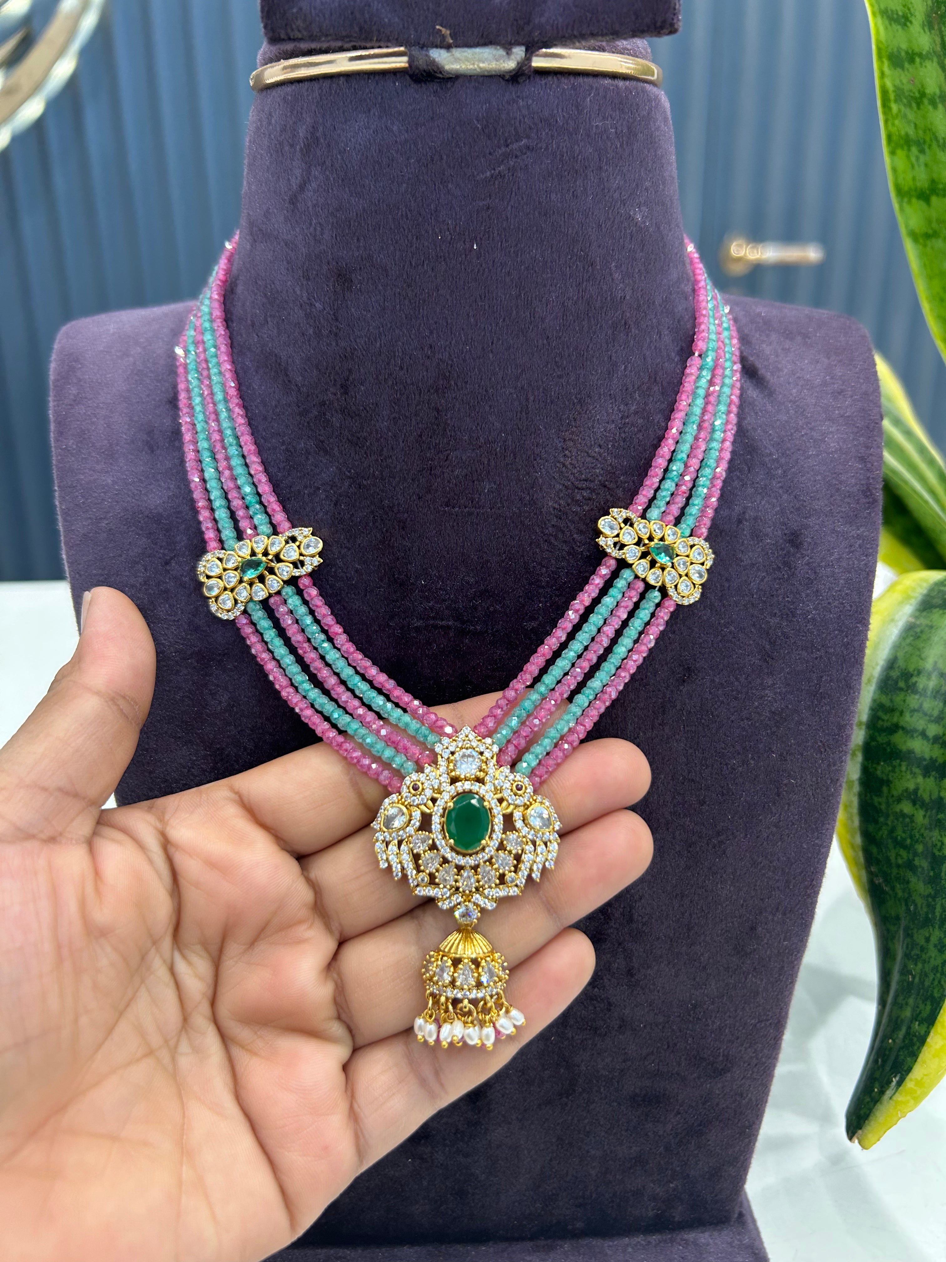 Beautiful stones pendants with CZ crystal beads 5 layers mala