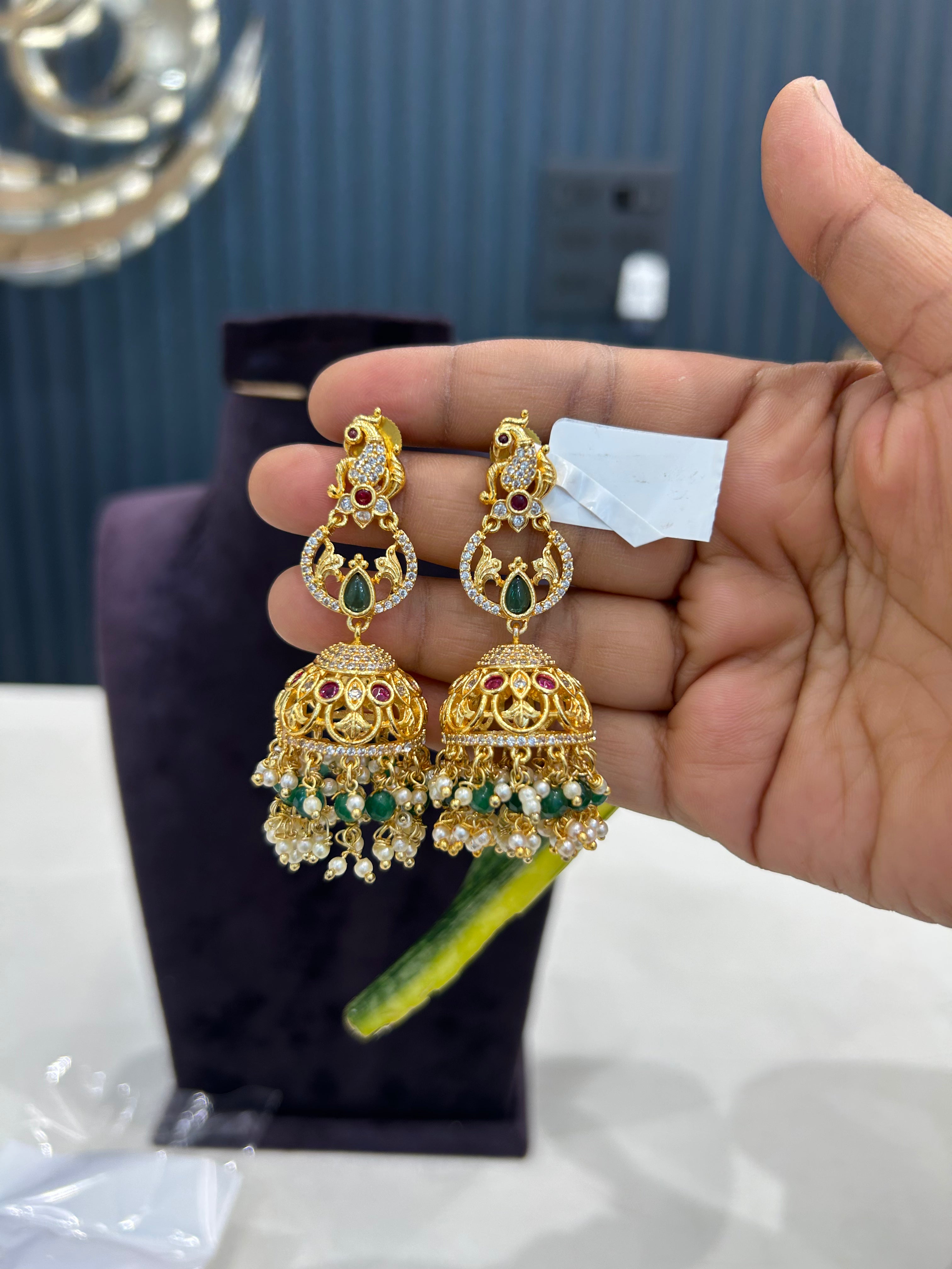 Beautiful peacock design pushback jumkis with beads finishing