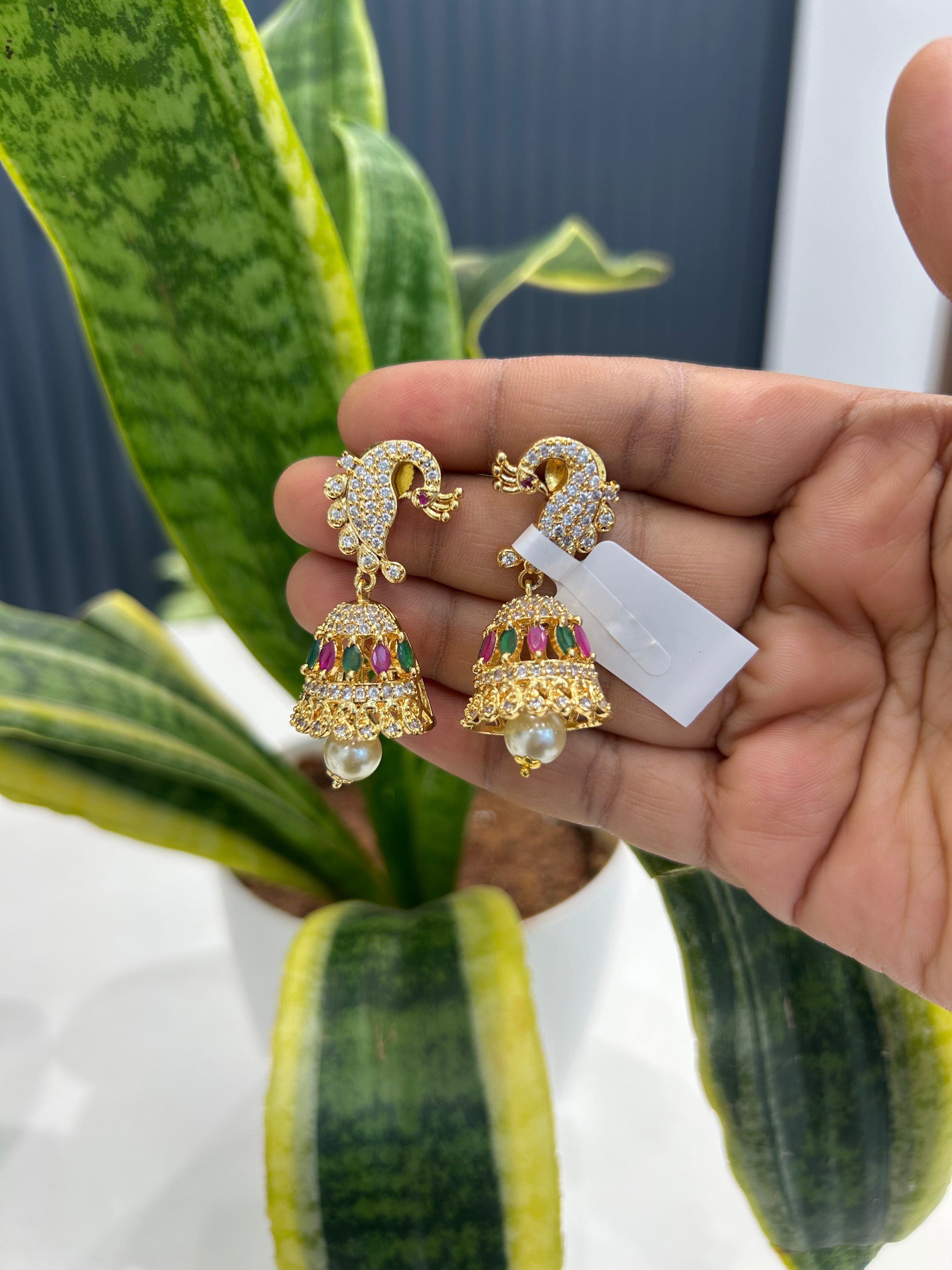 Beautiful peacock design multi CZ stone jumkis with pushback