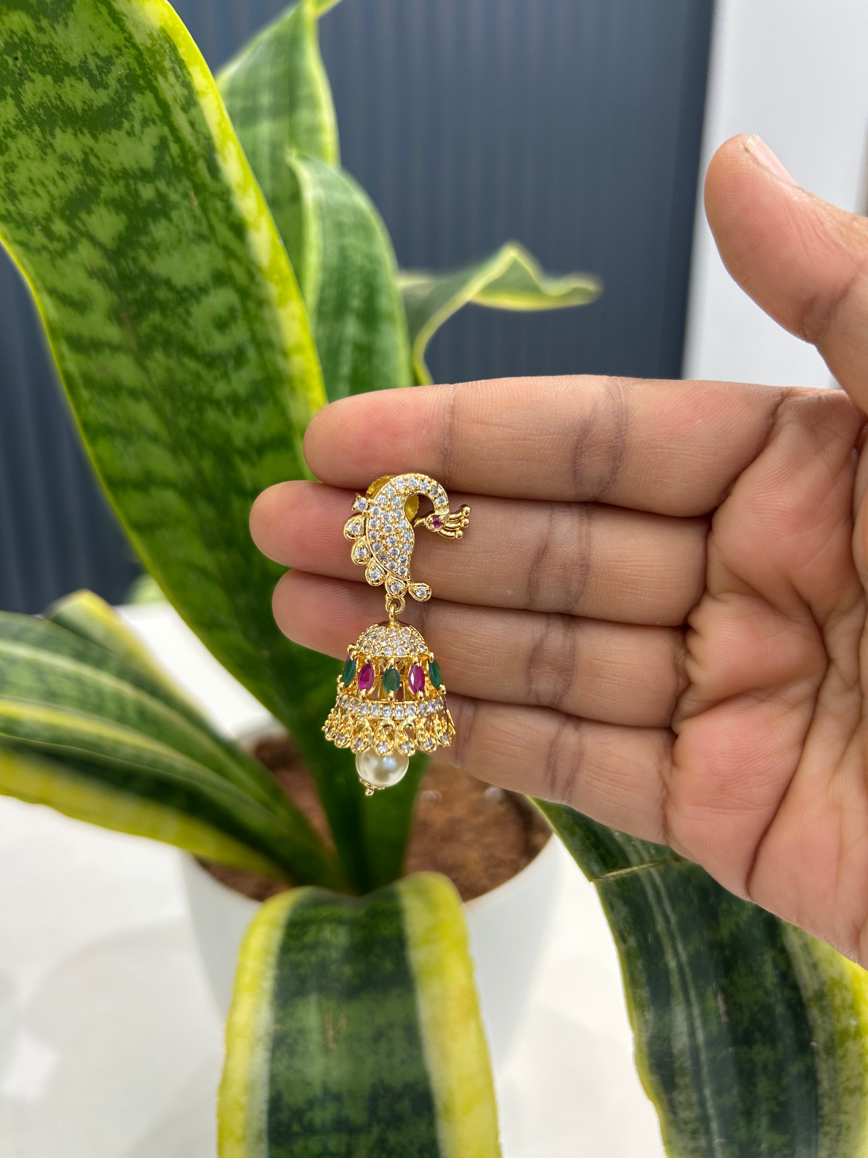 Beautiful peacock design multi CZ stone jumkis with pushback