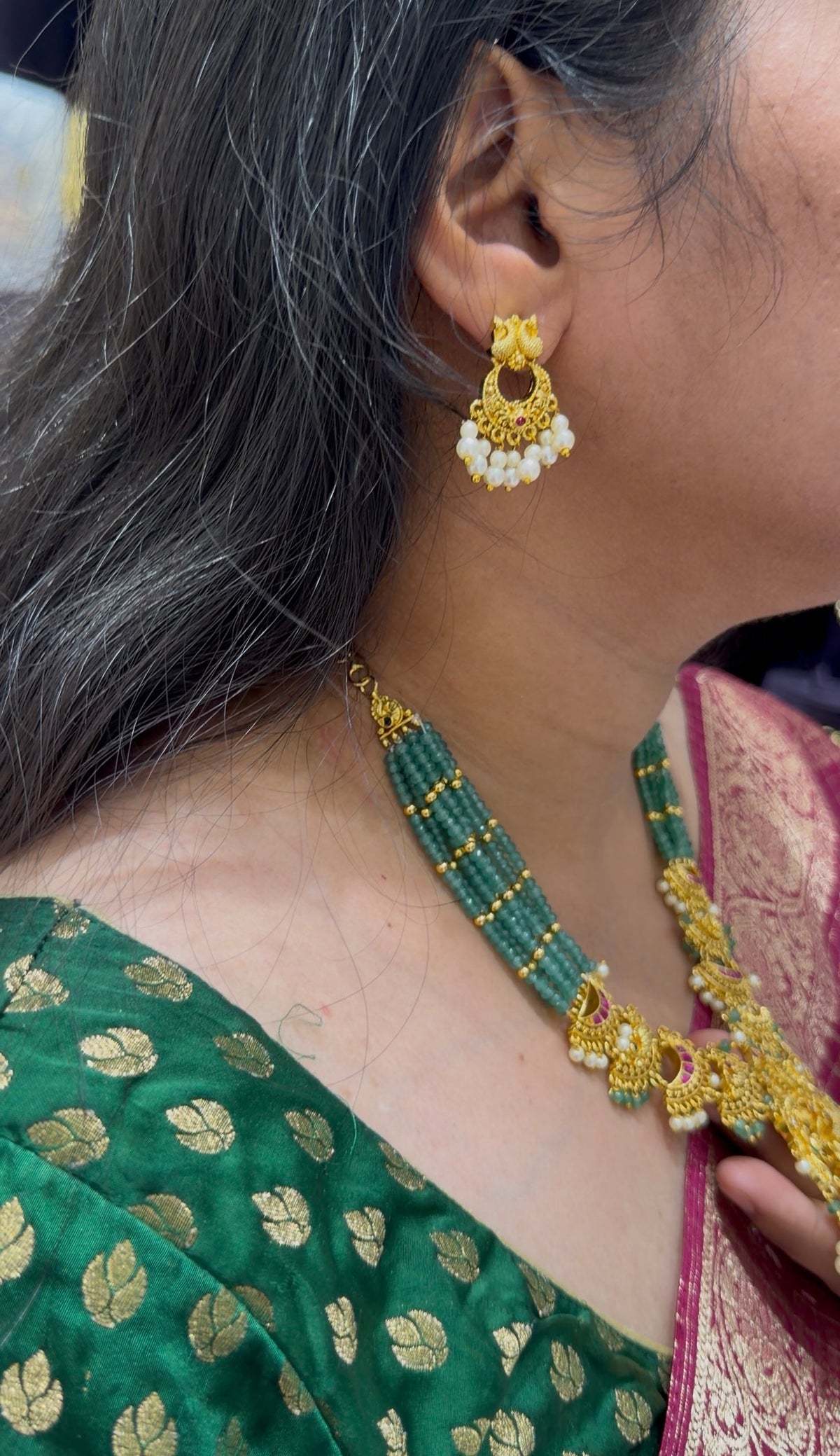 Beautiful Jadau stone locket beads necklace with Chandbali pushback earrings