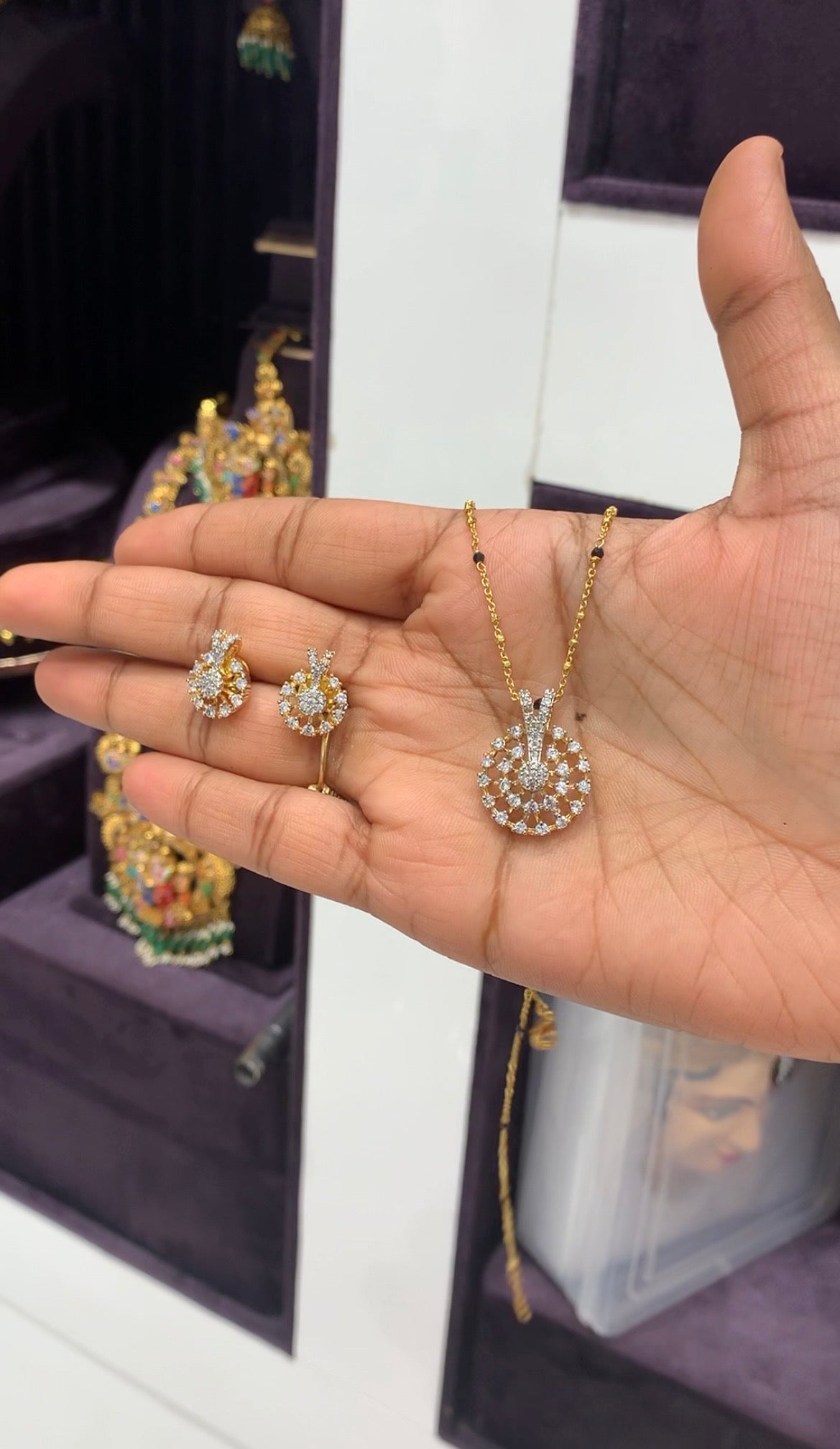 Beautiful white stone pendant set with handmaking Chandraharam chain 18 inchs  long