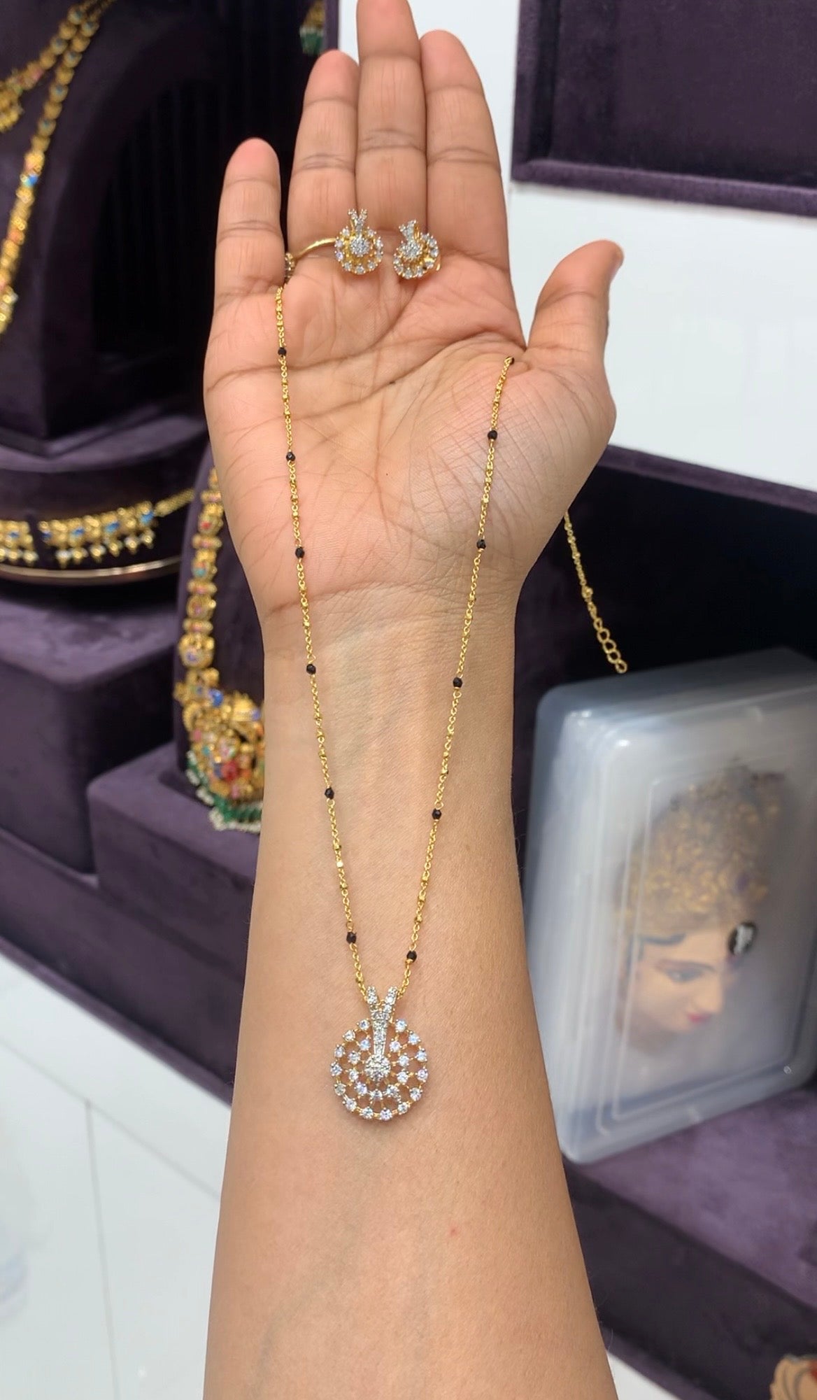 Beautiful white stone pendant set with handmaking Chandraharam chain 18 inchs  long