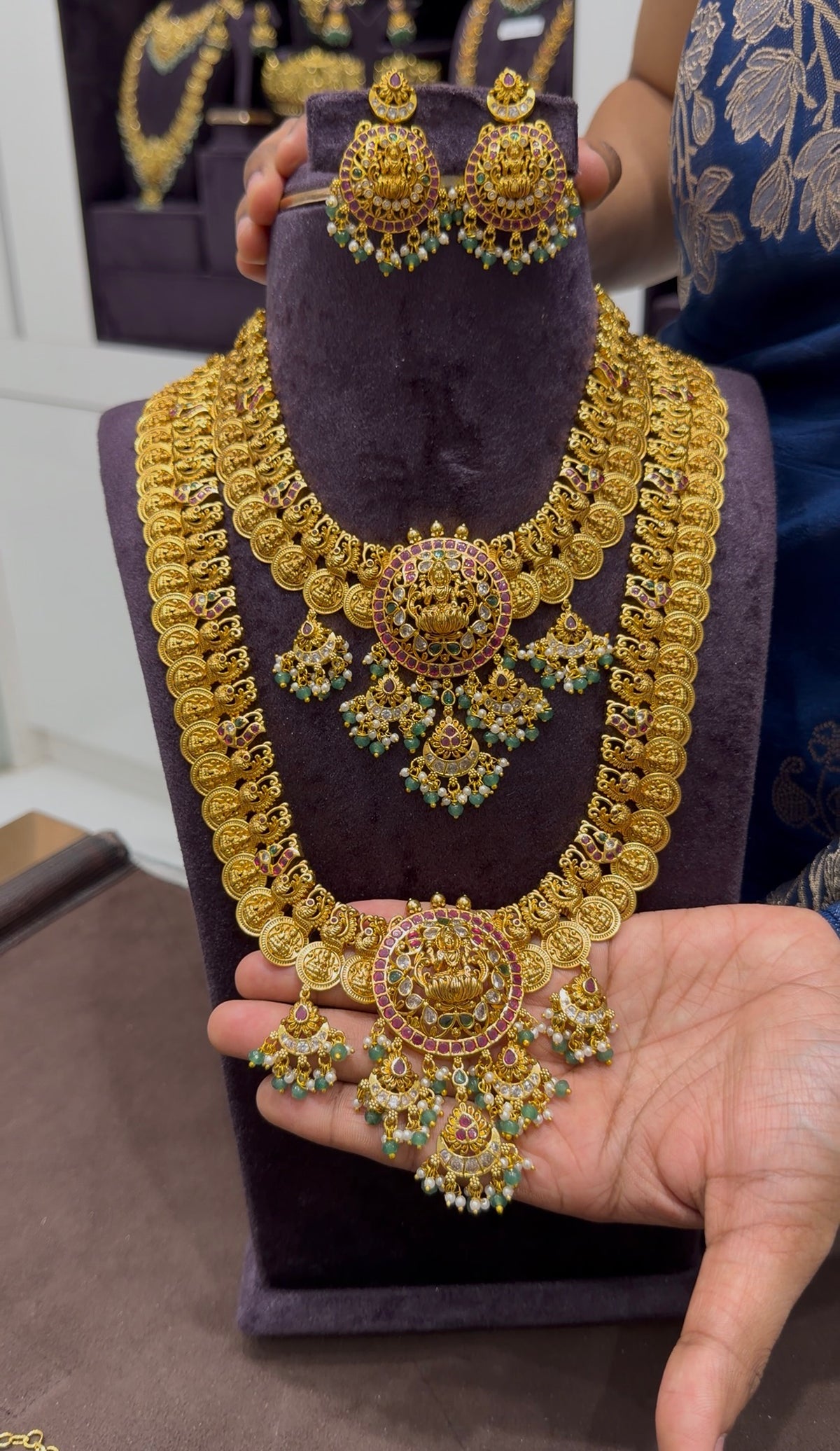 Beautiful pota stone pendant kasula haram & necklace combo with screwback earrings