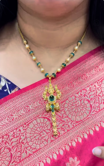 Beautiful thrishulam pendant with pearls mala 18 inchs long