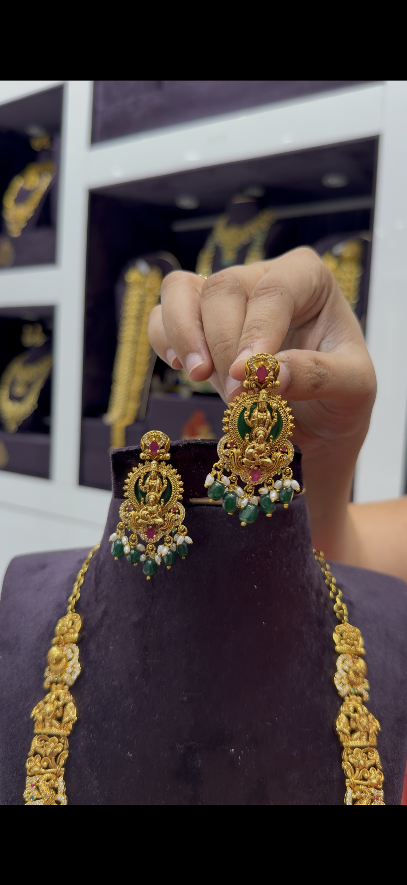 Traditional necklace set with balaji and lakshmi idol pendent with screw back earrings