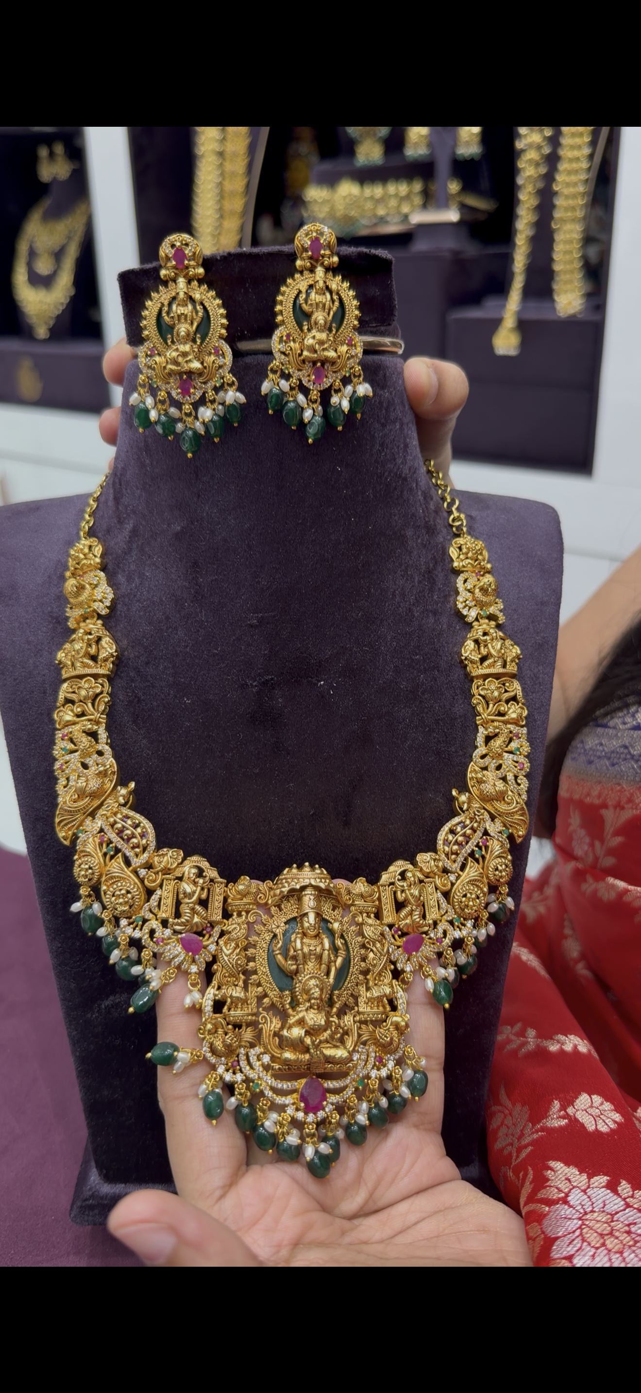 Traditional necklace set with balaji and lakshmi idol pendent with screw back earrings