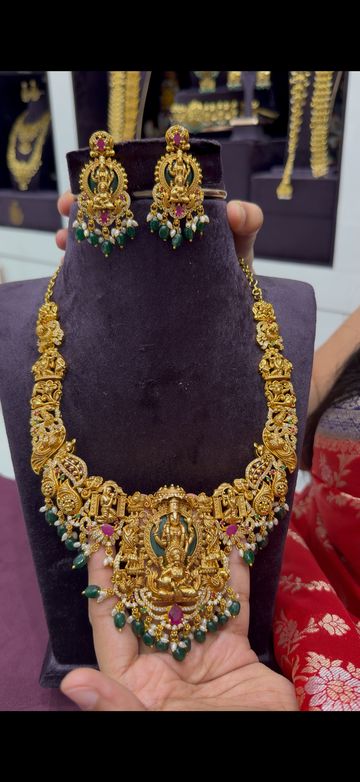 Traditional necklace set with balaji and lakshmi idol pendent with screw back earrings