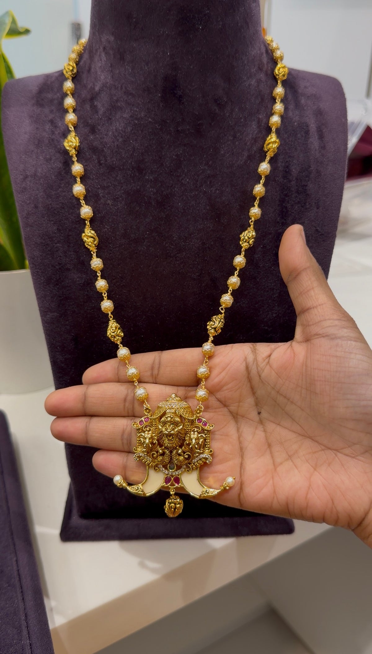 Beautiful Narasimha swamy tiger nail with white pearls & nakshi balls mala 24 inchs long