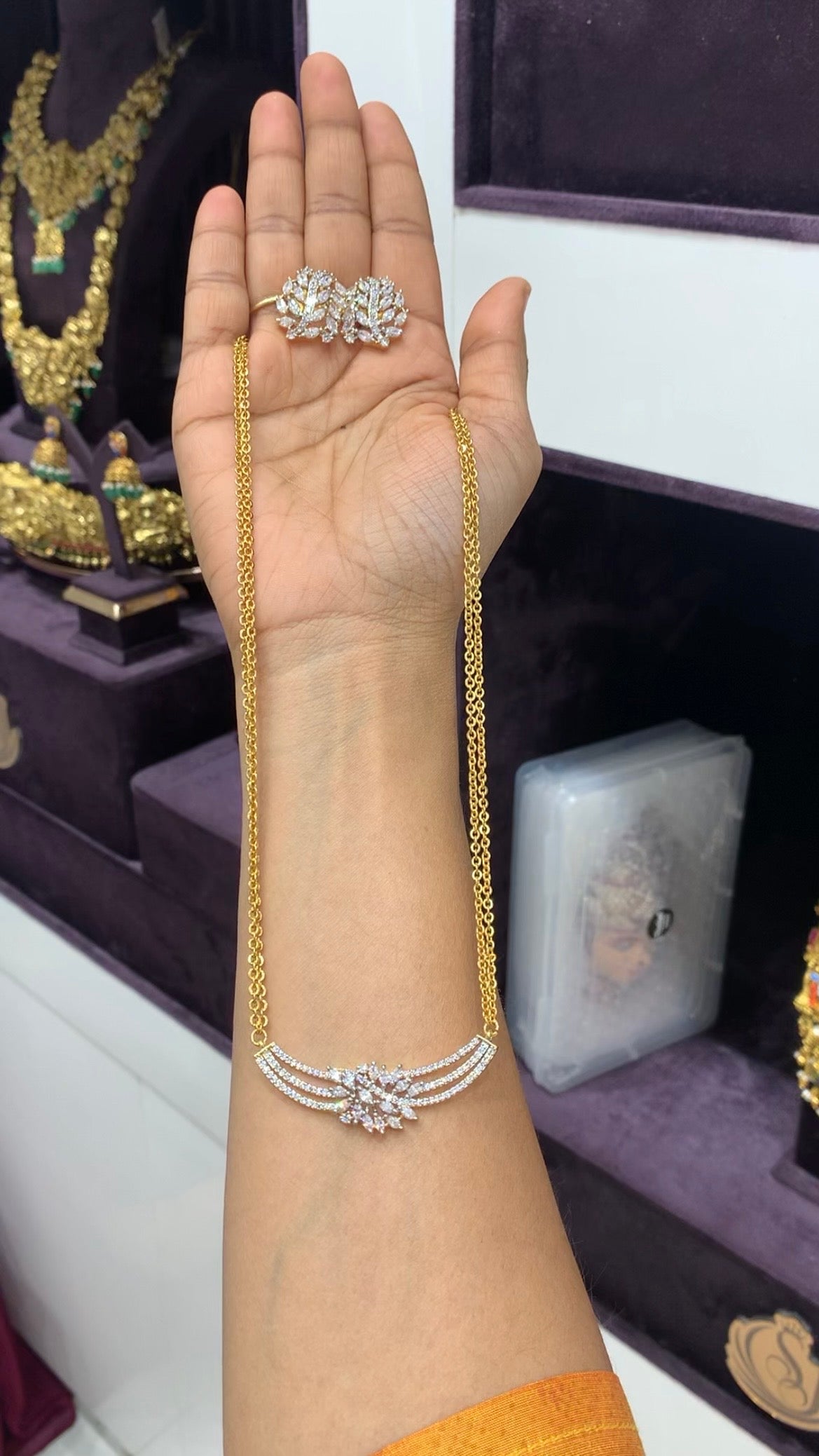 Beautiful Diamond Replica pendant set with Chandraharam chain 18 inchs long