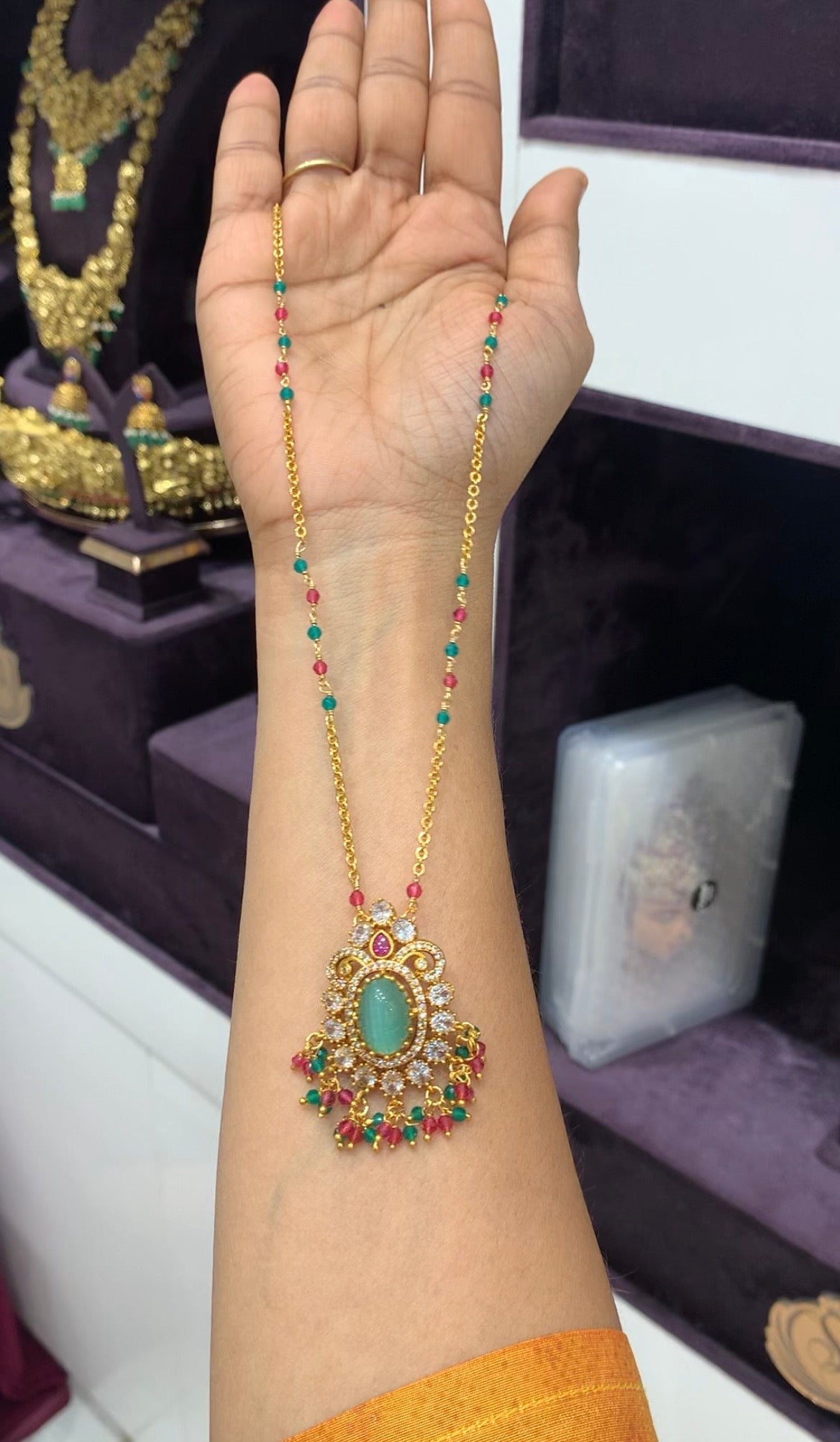 Beautiful green color carving stone with handmaking multi color beads& Chandraharam chain 18 inchs long