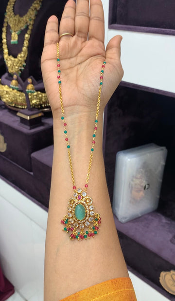Beautiful green color carving stone with handmaking multi color beads& Chandraharam chain 18 inchs long