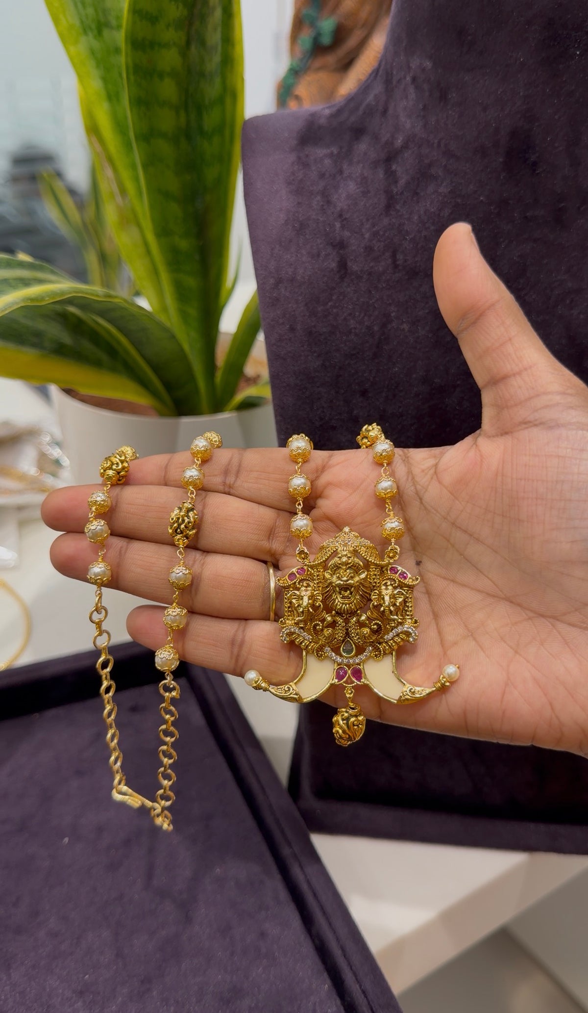 Beautiful Narasimha swamy tiger nail with white pearls & nakshi balls mala 24 inchs long