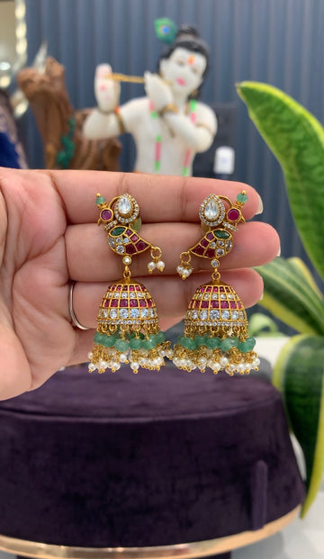 Beautiful parrot design pota stone  pushback jumkis with beads finishing