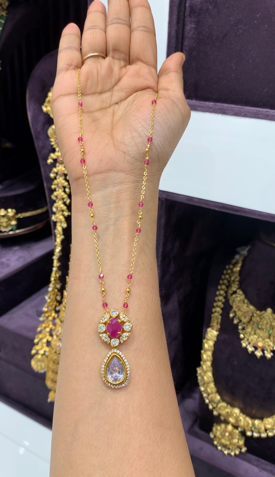 Beautiful pink stone pendant with handmaking beads & Chandraharam chain 18 inchs long