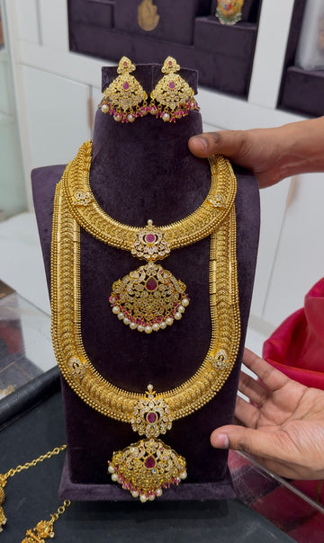 Beautiful uncut stone pendant kasula model haram & necklace combo