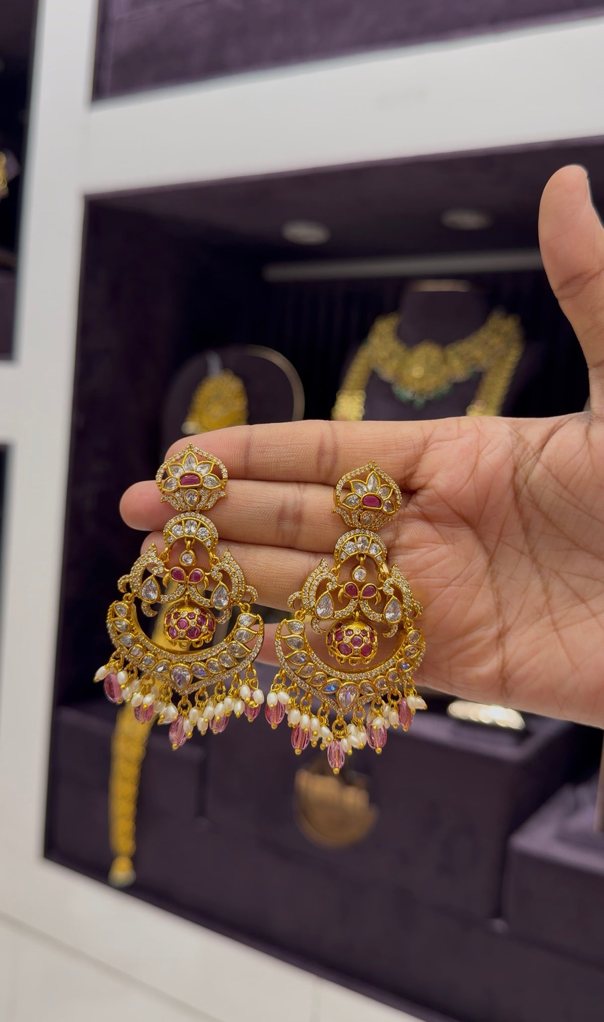 Beautiful uncut stone Chandbali pushback earrings with beads finishing