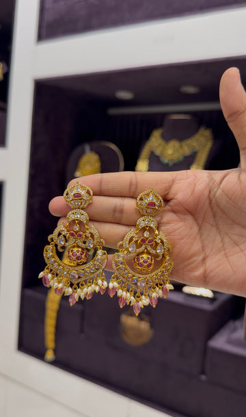 Beautiful uncut stone Chandbali pushback earrings with beads finishing