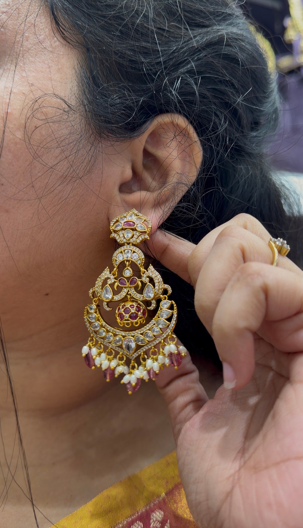 Beautiful uncut stone Chandbali pushback earrings with beads finishing