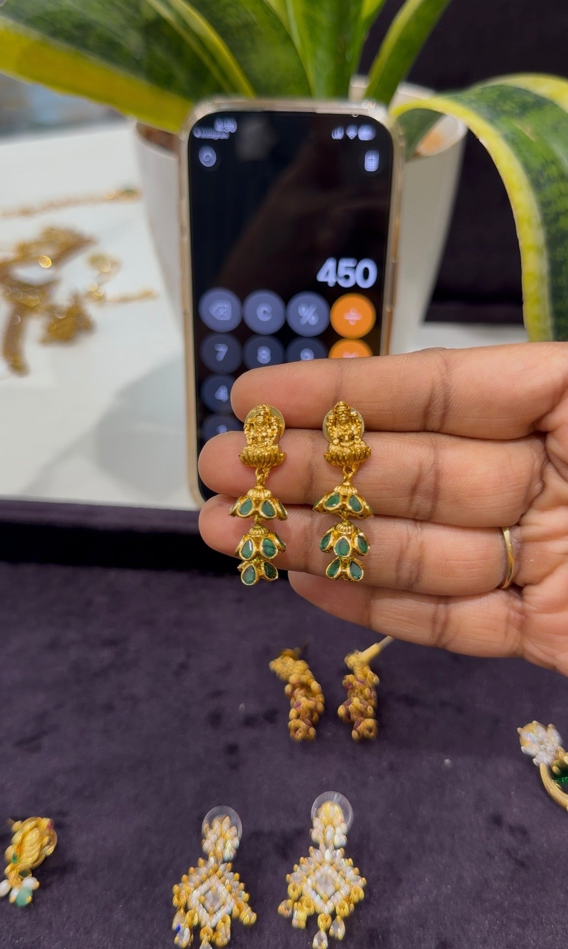 Beautiful Lakshmi devi green stone 3 step pushback jumkis
