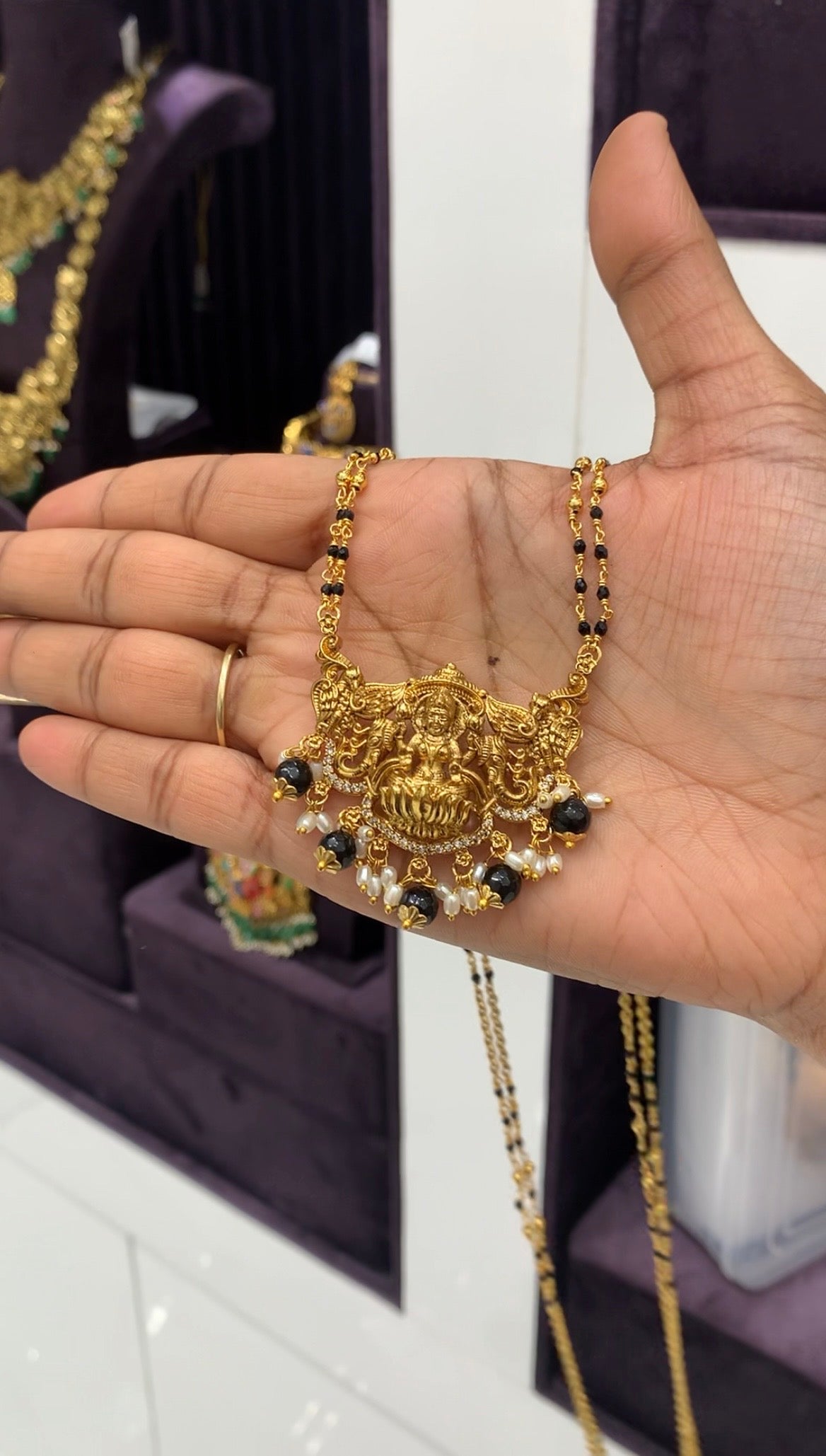 Beautiful Lakshmi devi pendant with handmaking Chandraharam & blackbeads chain 24 inchs long
