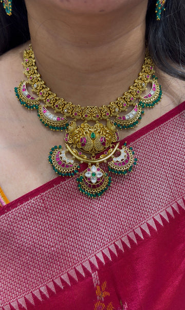 Beautiful Jadau stone beads finishing necklace with pushback earrings