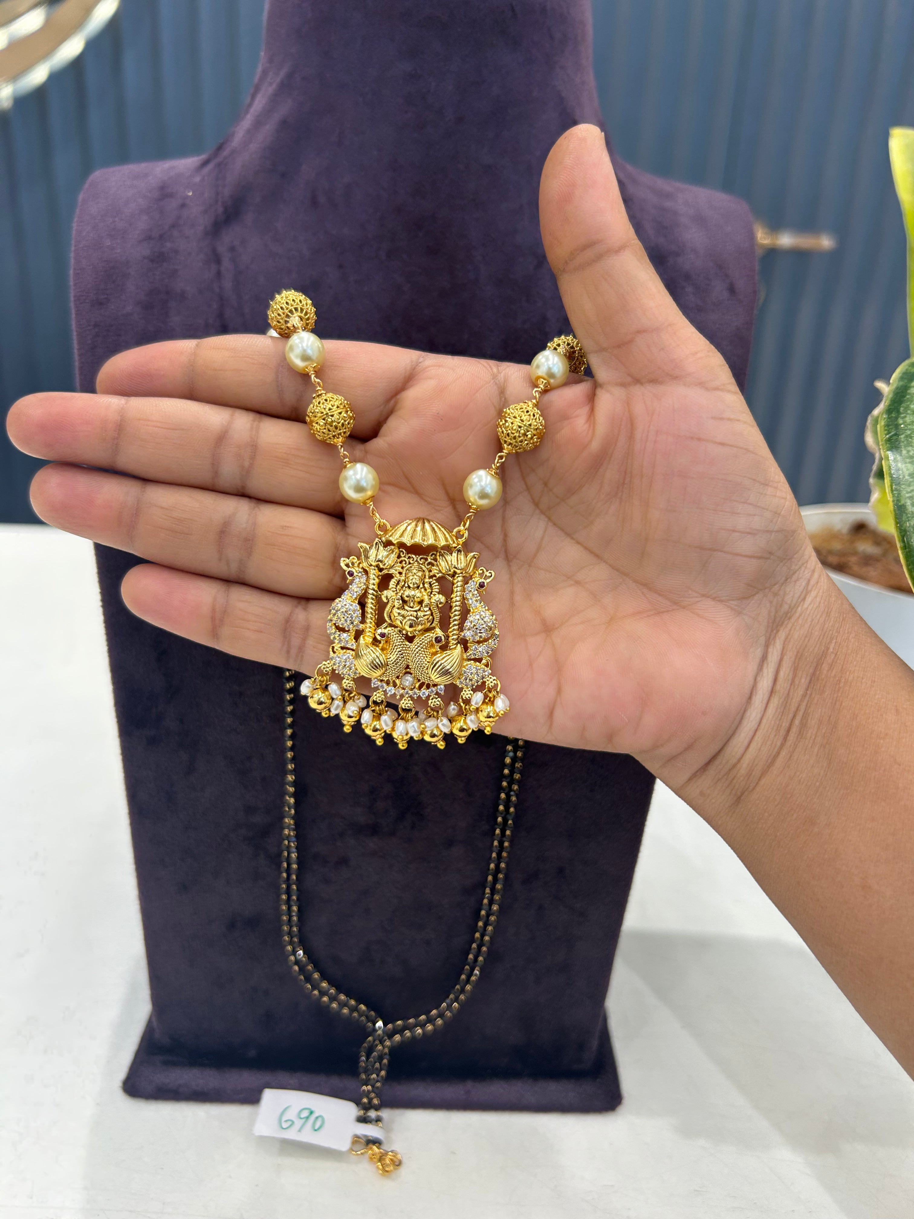Beautiful Lakshmi devi pendant & nakshi balls with black beads chain 24 inch long
