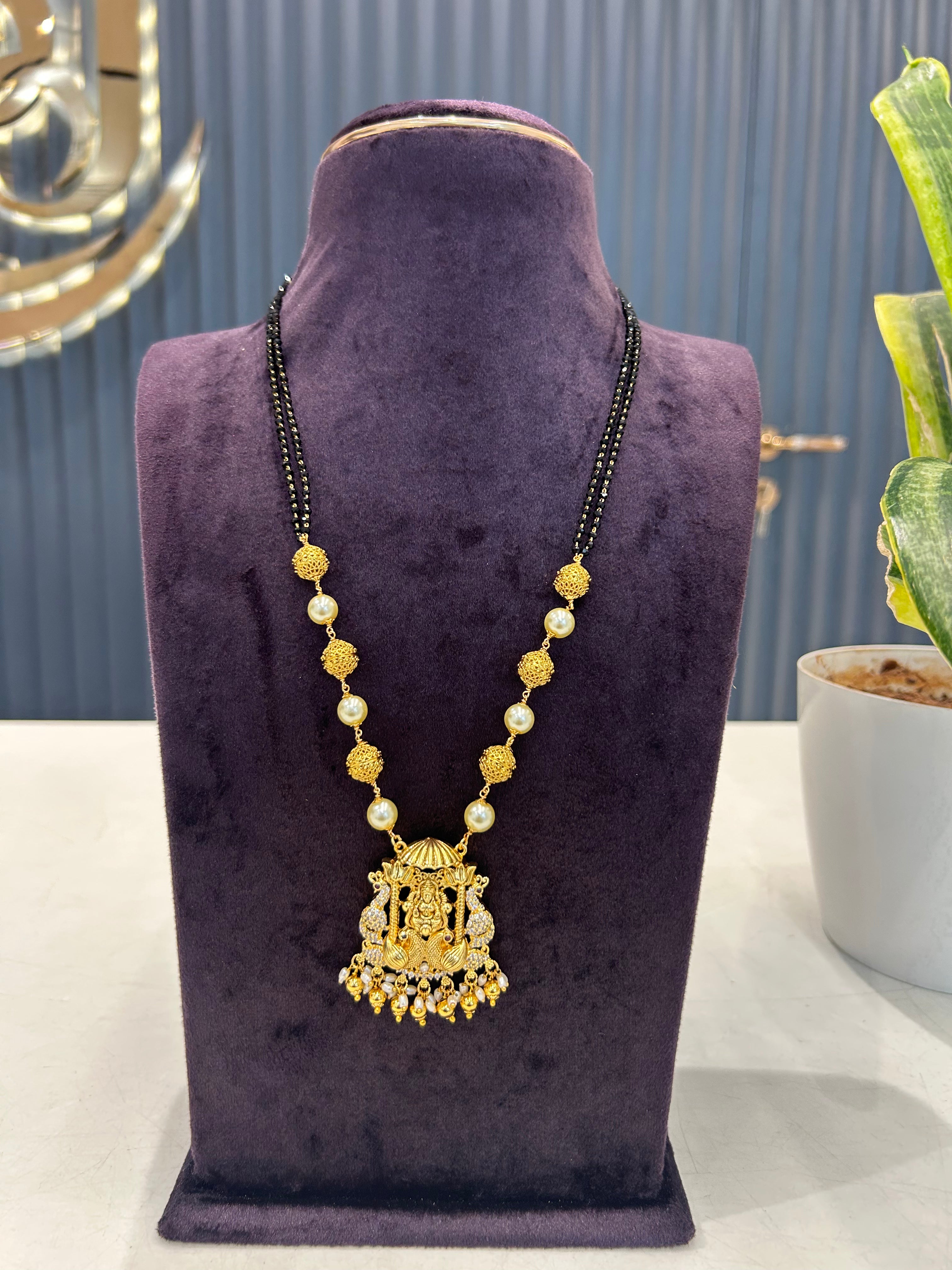 Beautiful Lakshmi devi pendant & nakshi balls with black beads chain 24 inch long