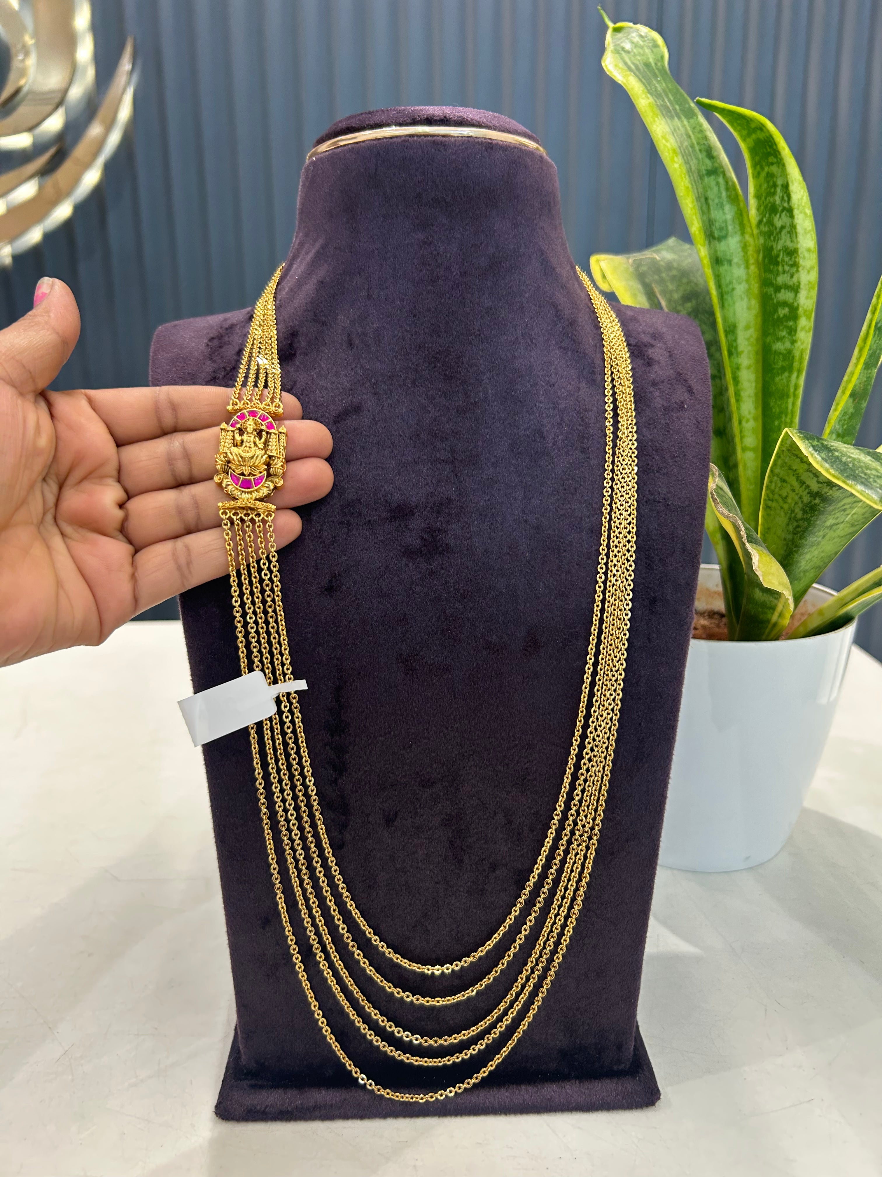 Beautiful Jadau stone Lakshmi devi side pendant with 5 layers Chandraharam chain 24 inch long