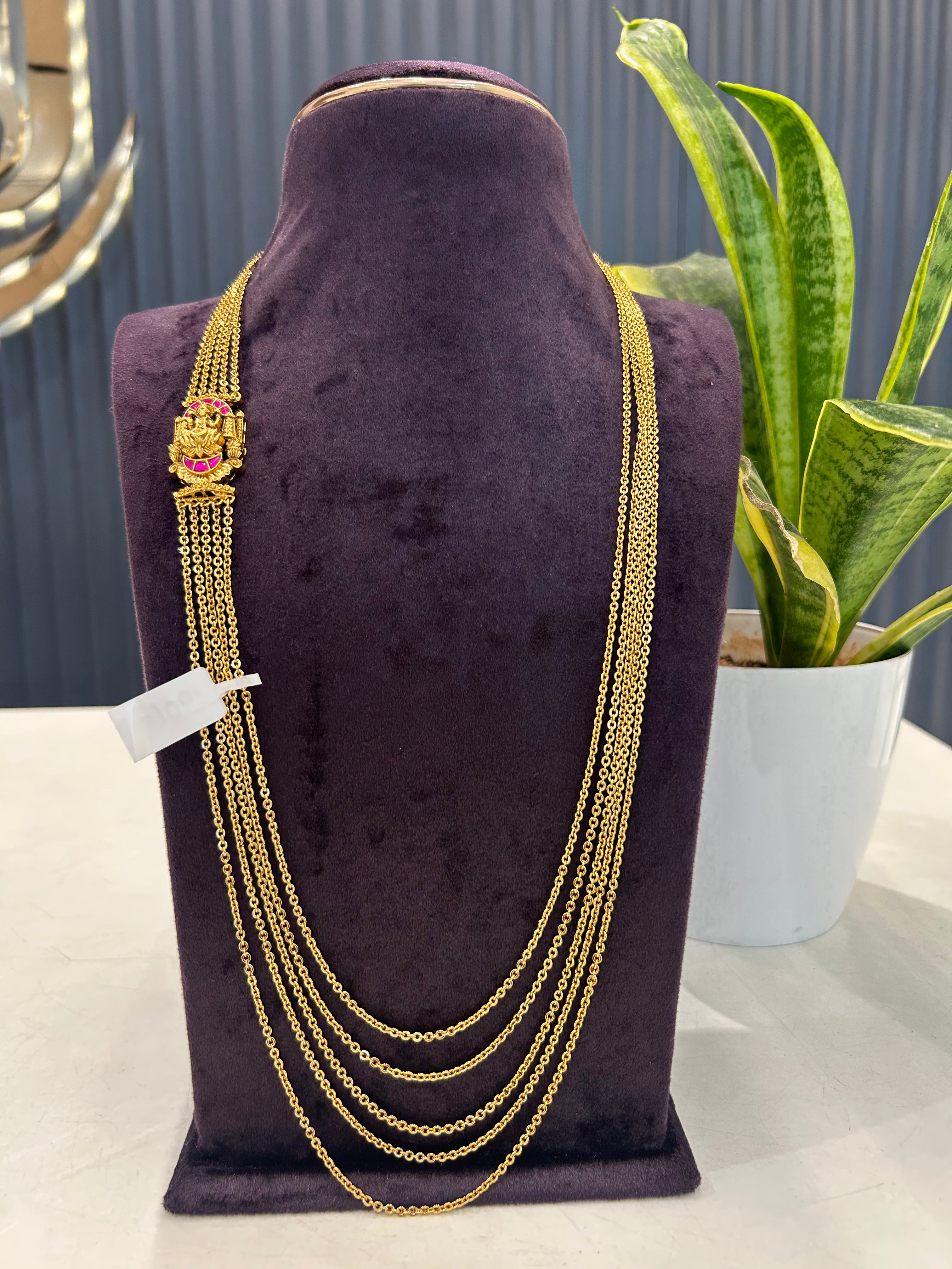 Beautiful Jadau stone Lakshmi devi side pendant with 5 layers Chandraharam chain 24 inch long