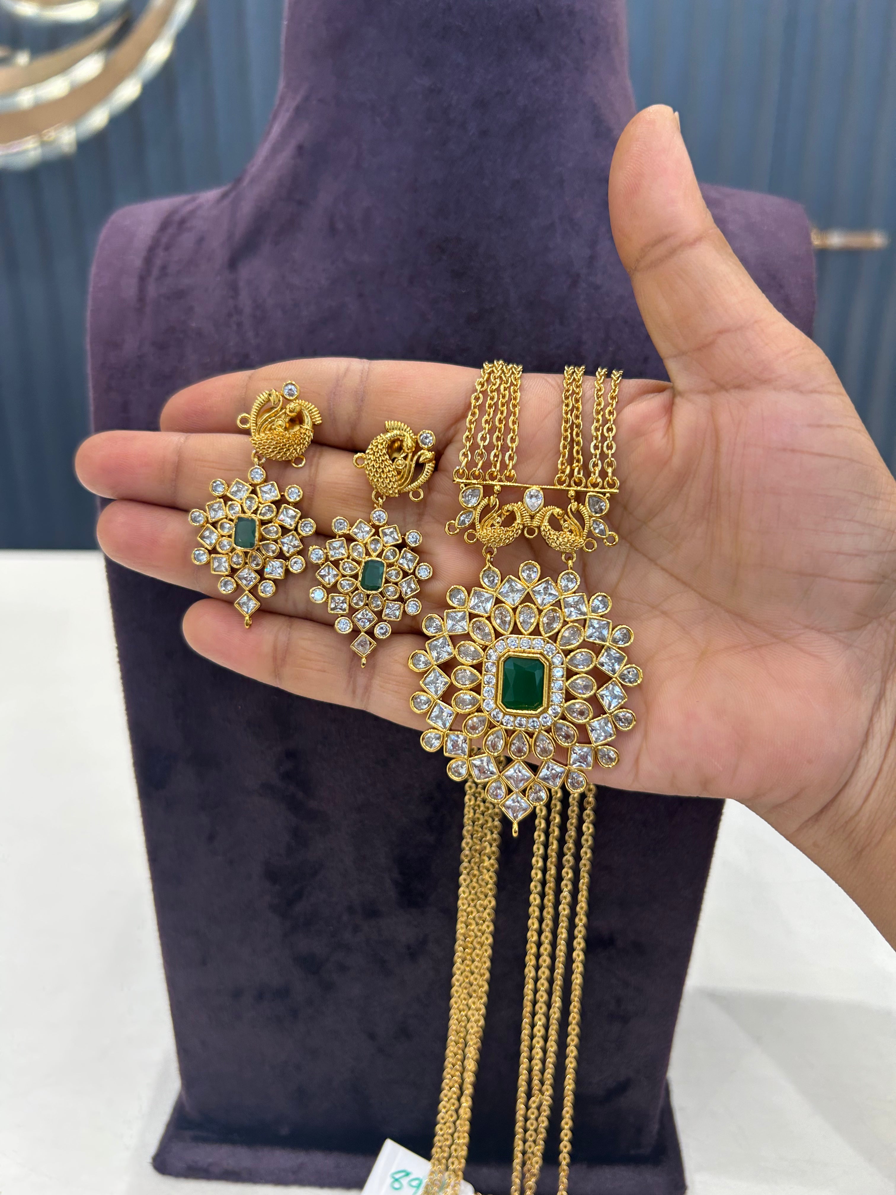 Beautiful uncut stone pendant set with Chandraharam chain 24 inch long