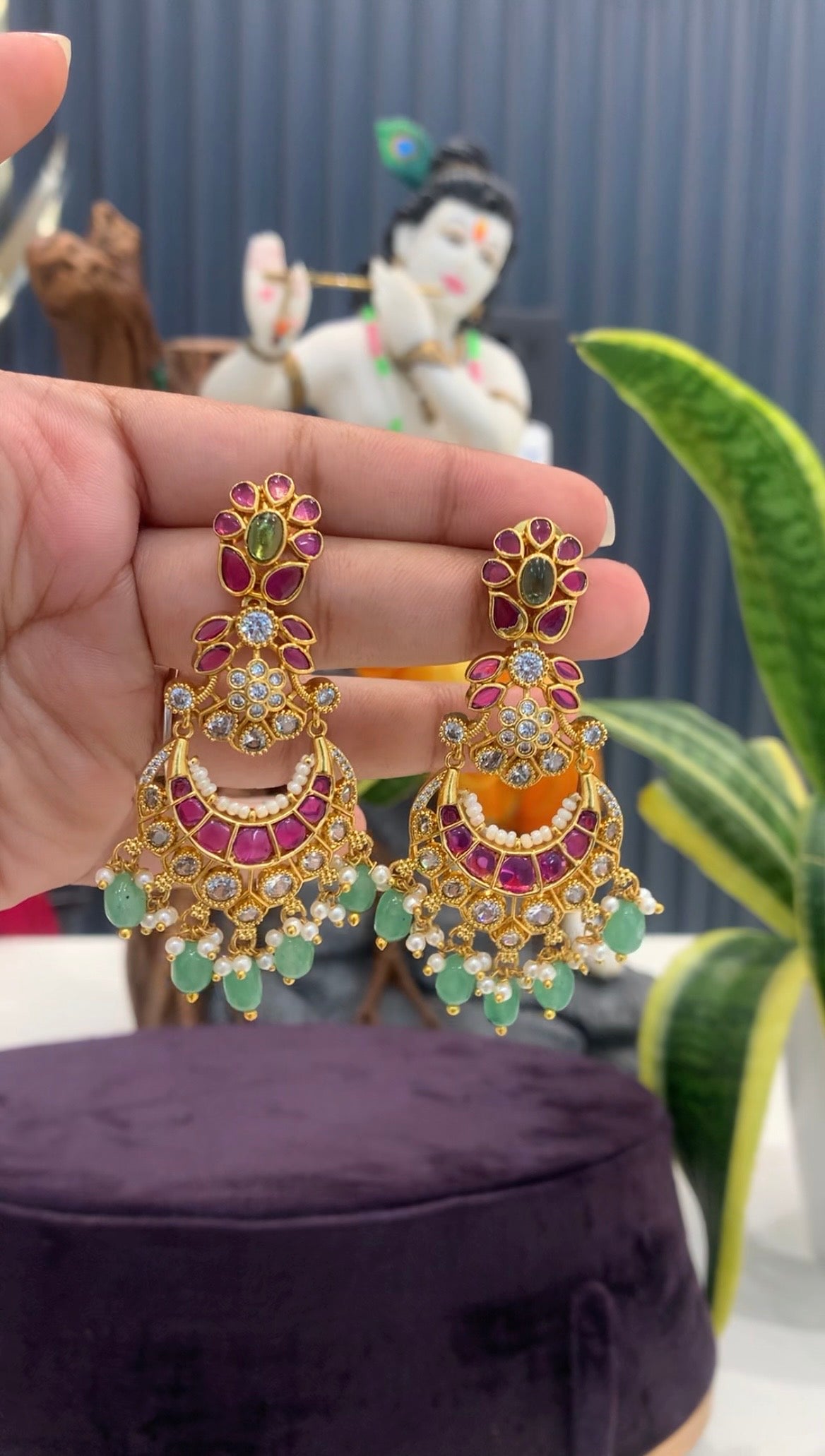 Beautiful pota stone Chandbali earrings with pushback