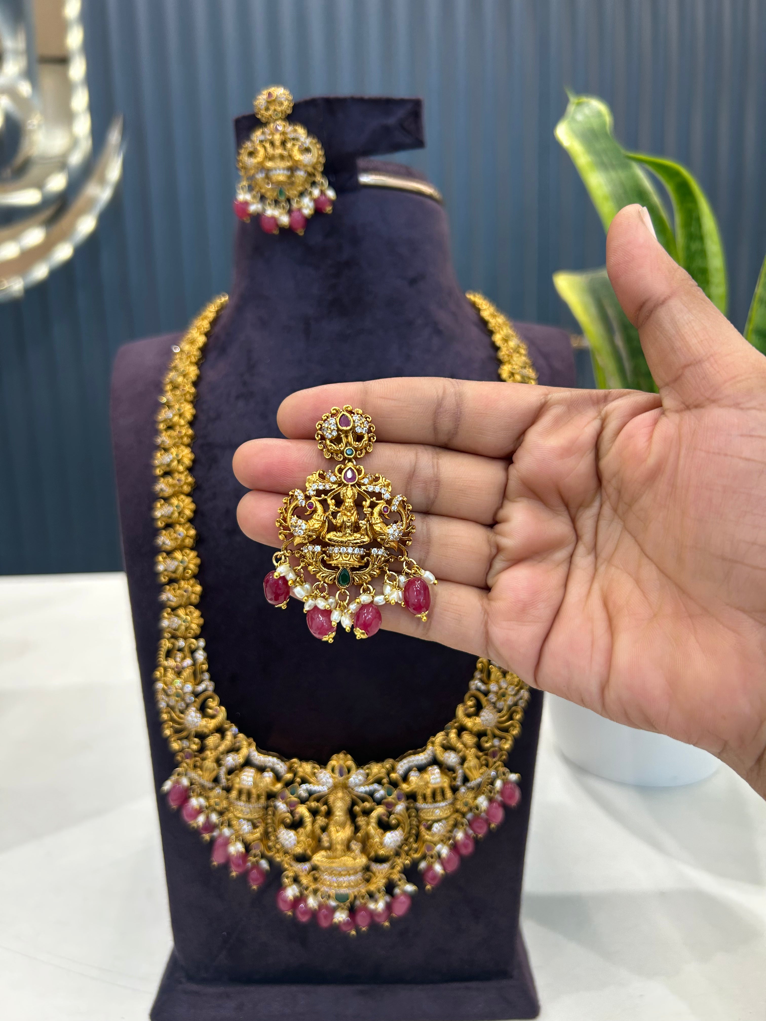 Beautiful Elephant design Lakshmi devi long haram with screwback ear hangings