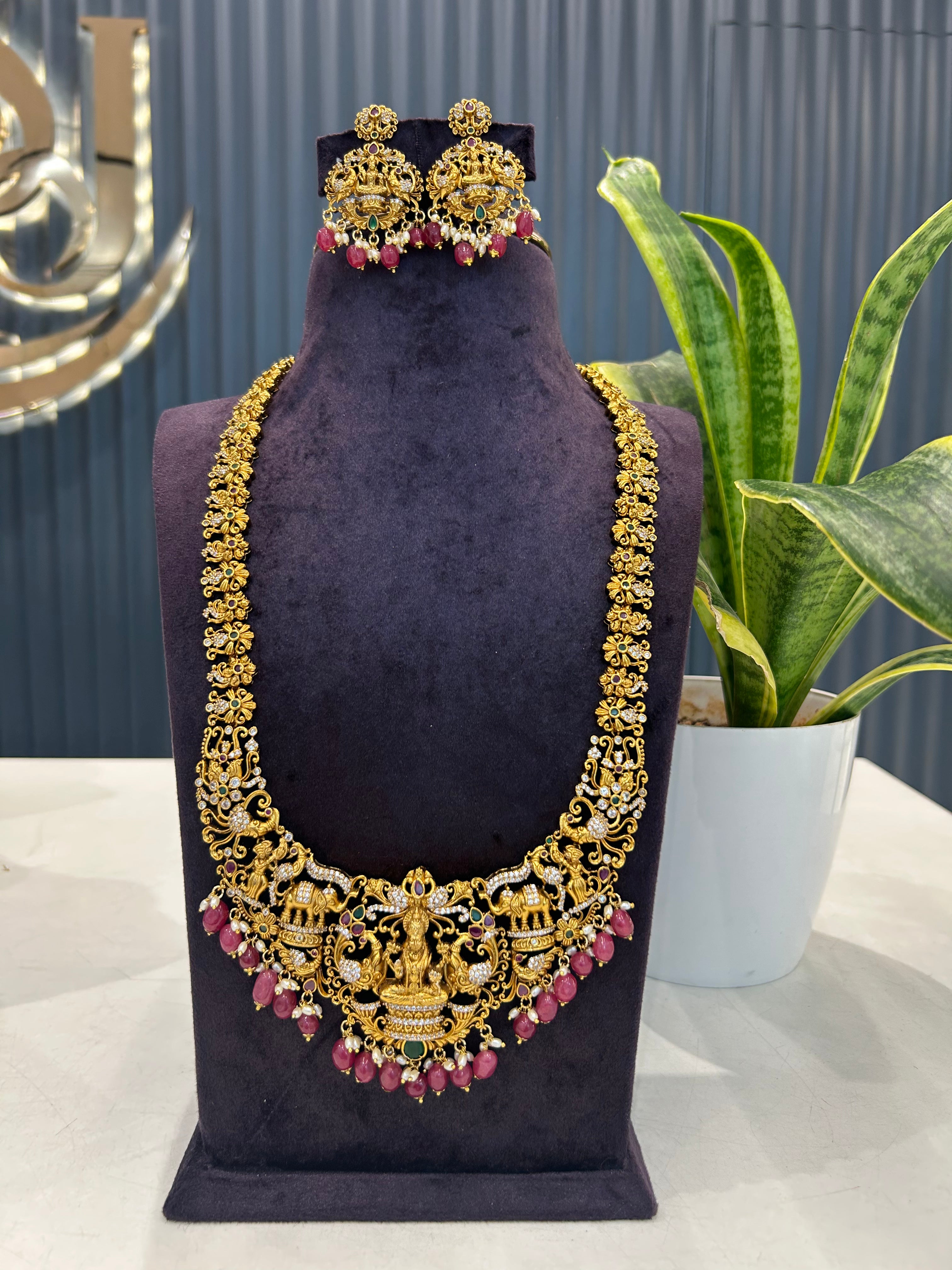 Beautiful Elephant design Lakshmi devi long haram with screwback ear hangings