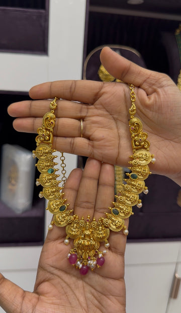Beautiful Lakshmi devi kasula model necklace with pushback jumkis