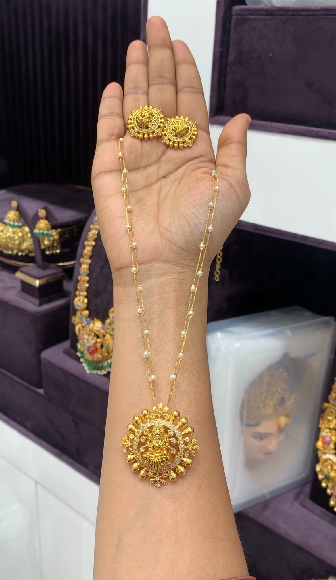 Beautiful Lakshmi devi pendant set with 2 layers pearls chain 18 inchs long