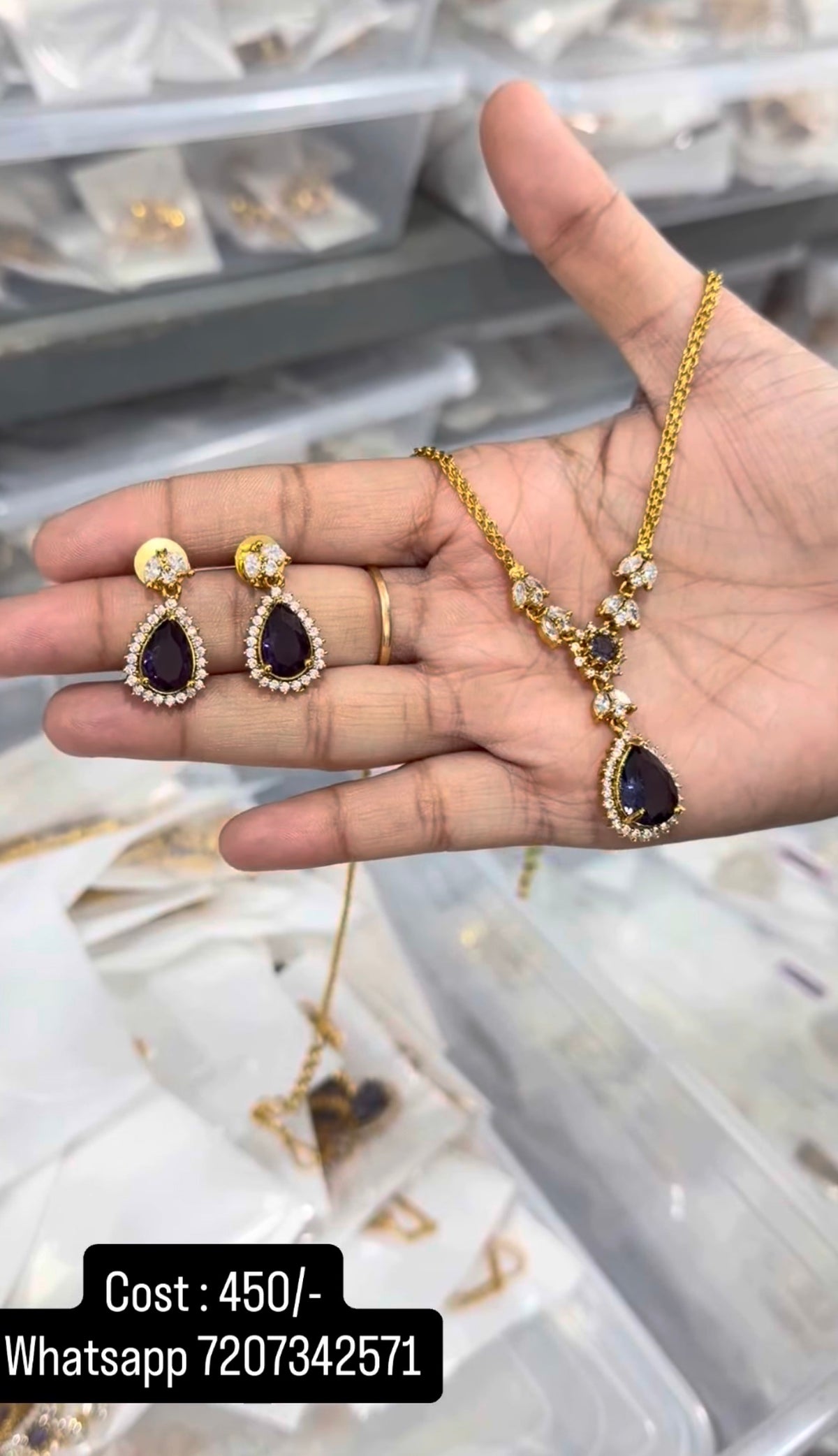 Beautiful purple color stone simple necklace with pushback earrings