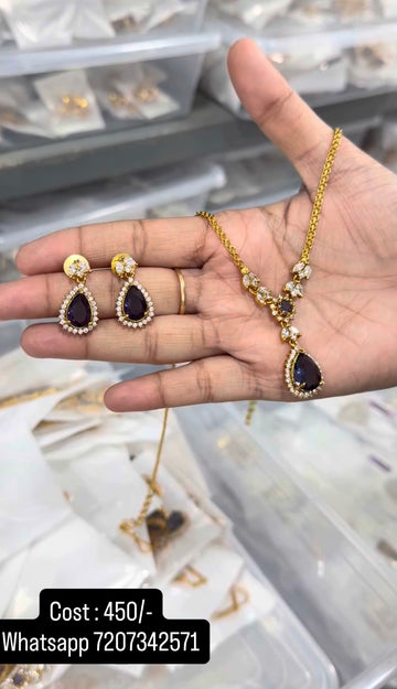 Beautiful purple color stone simple necklace with pushback earrings