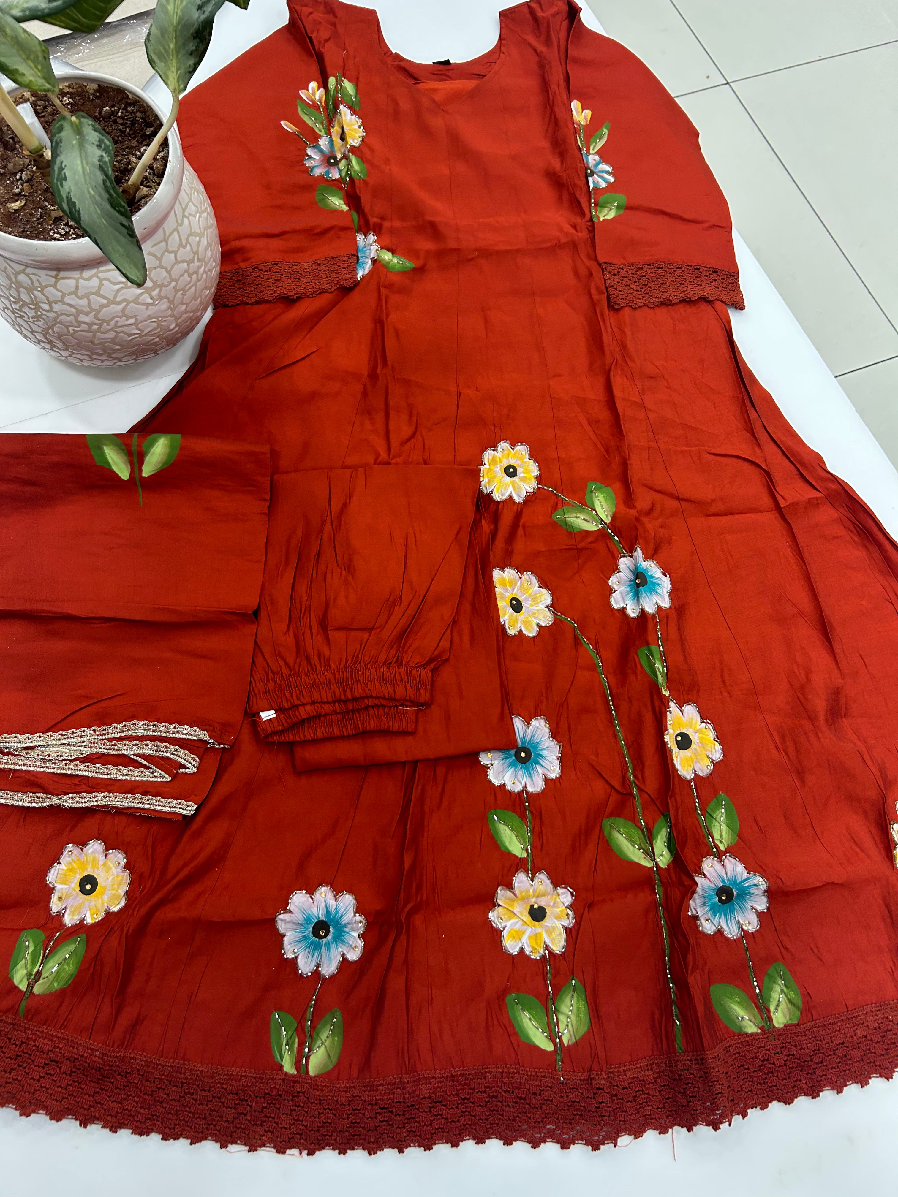 Beautiful Mul chenderi A-line 3-piece set