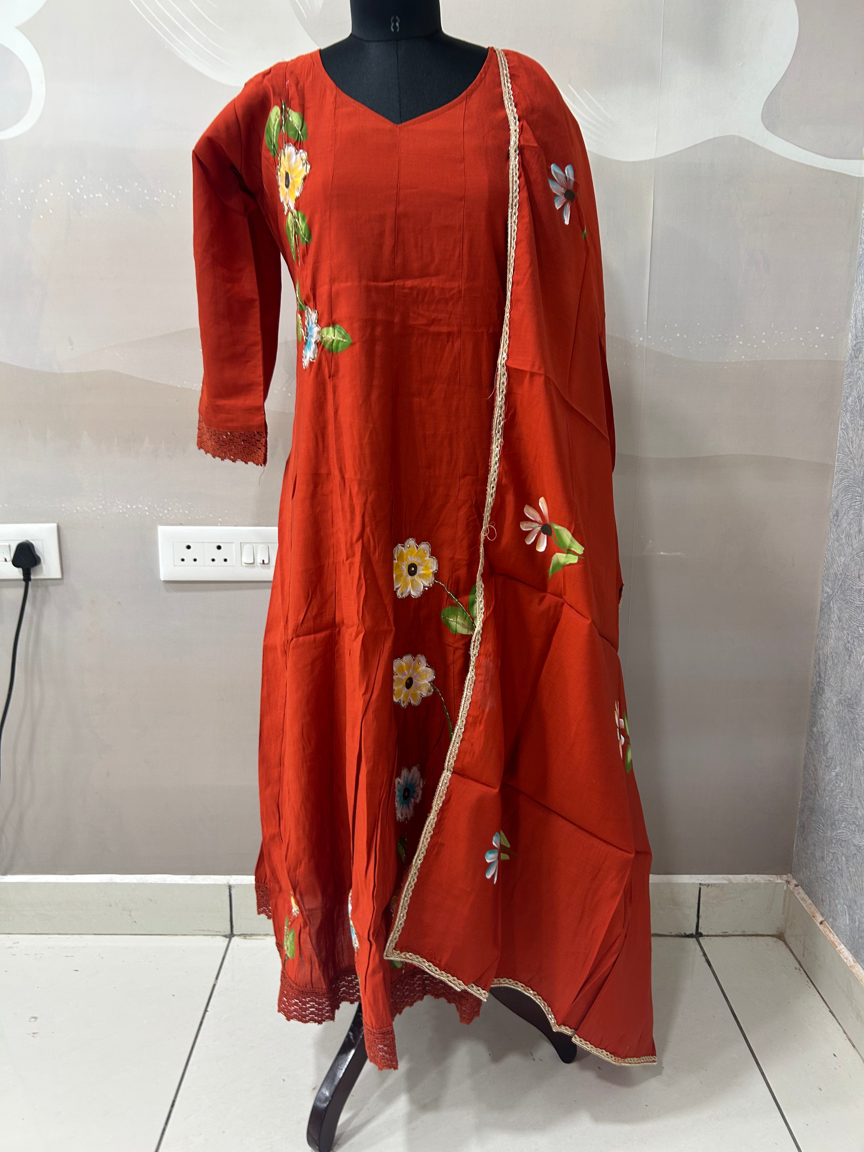 Beautiful Mul chenderi A-line 3-piece set