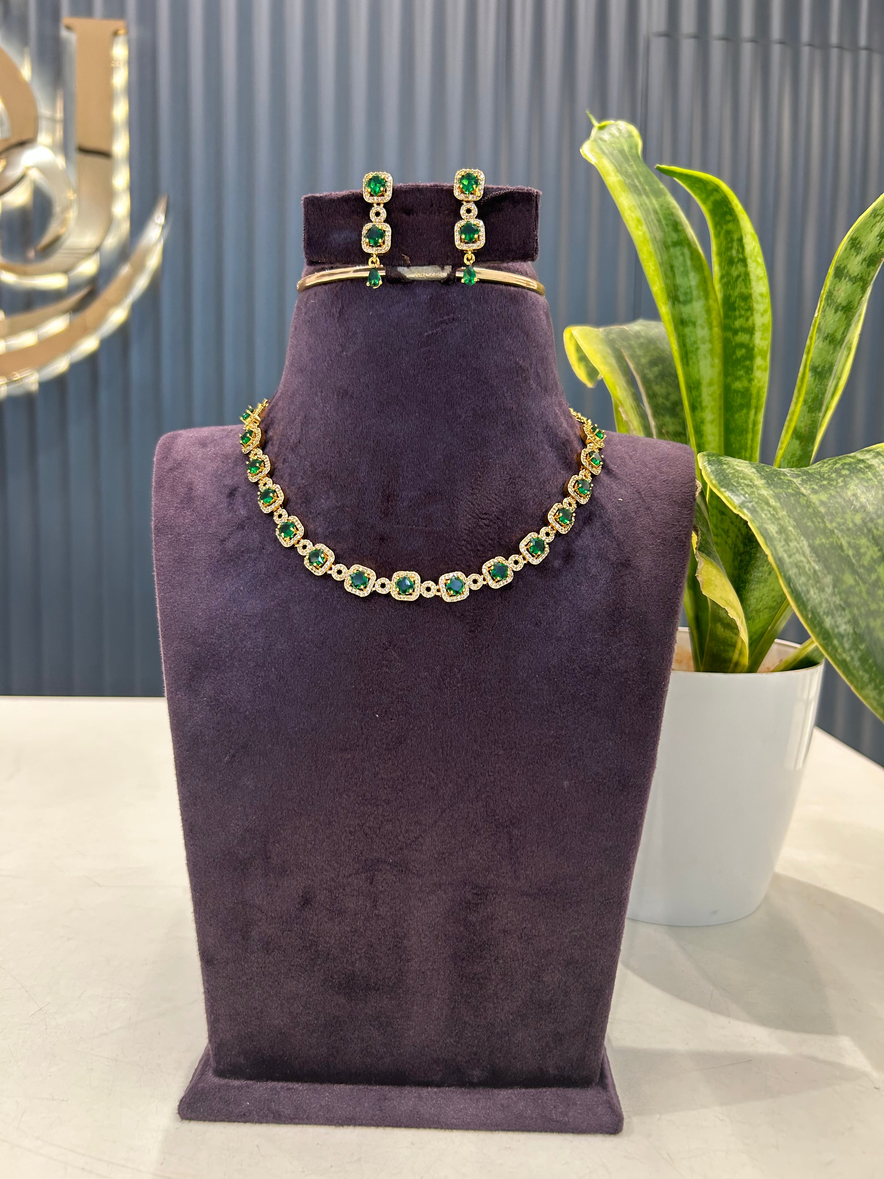 Beautiful green colour CZ  stones necklace with pushback earrings