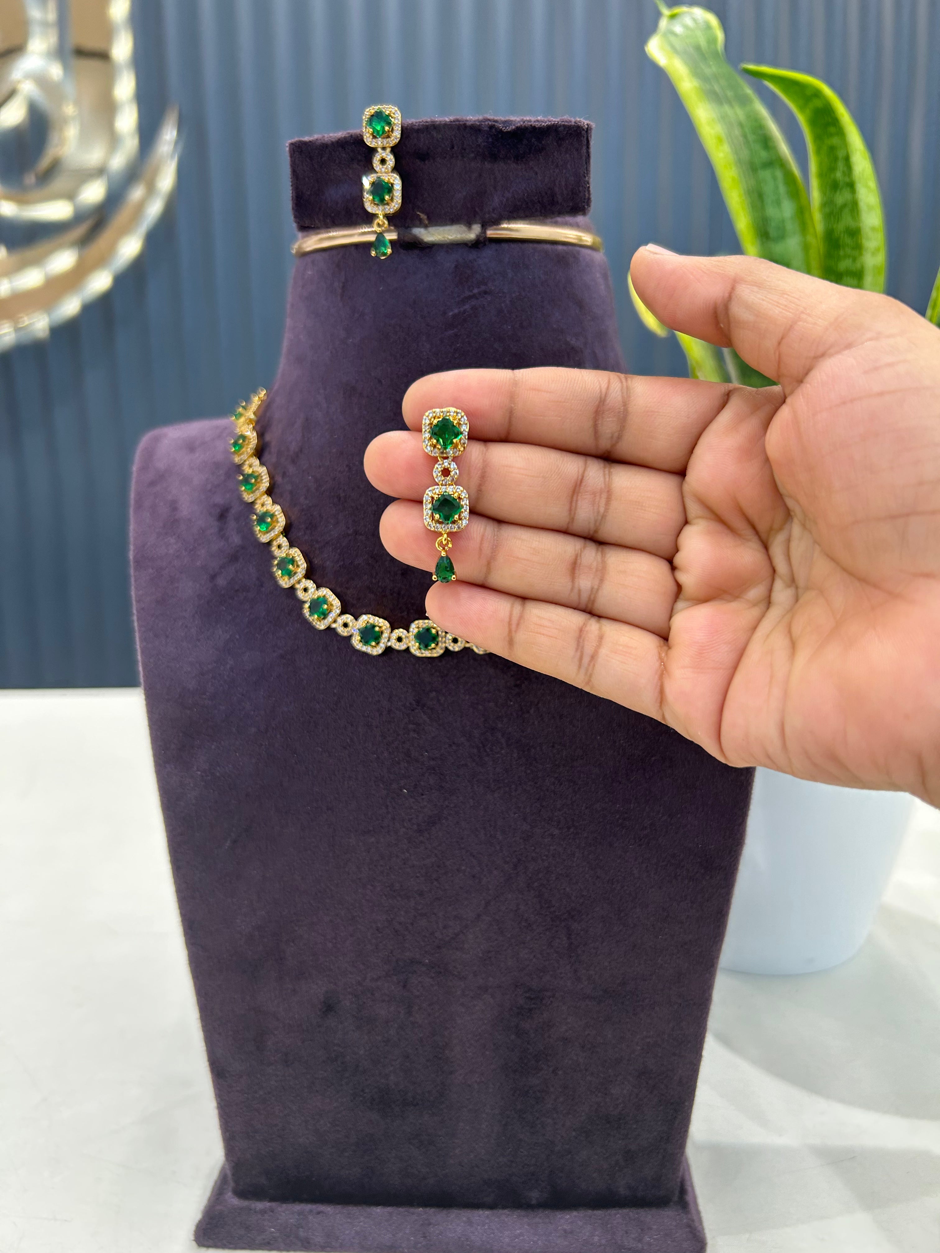 Beautiful green colour CZ  stones necklace with pushback earrings