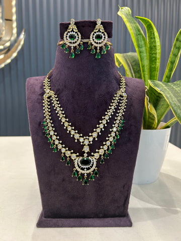 Beautiful green stone double step necklace with pushback earrings