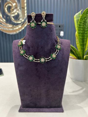 Beautiful green stone kanti style necklace with pushback earrings