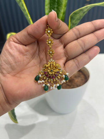 Beautiful pota stone,peacocok design tikka with green beads