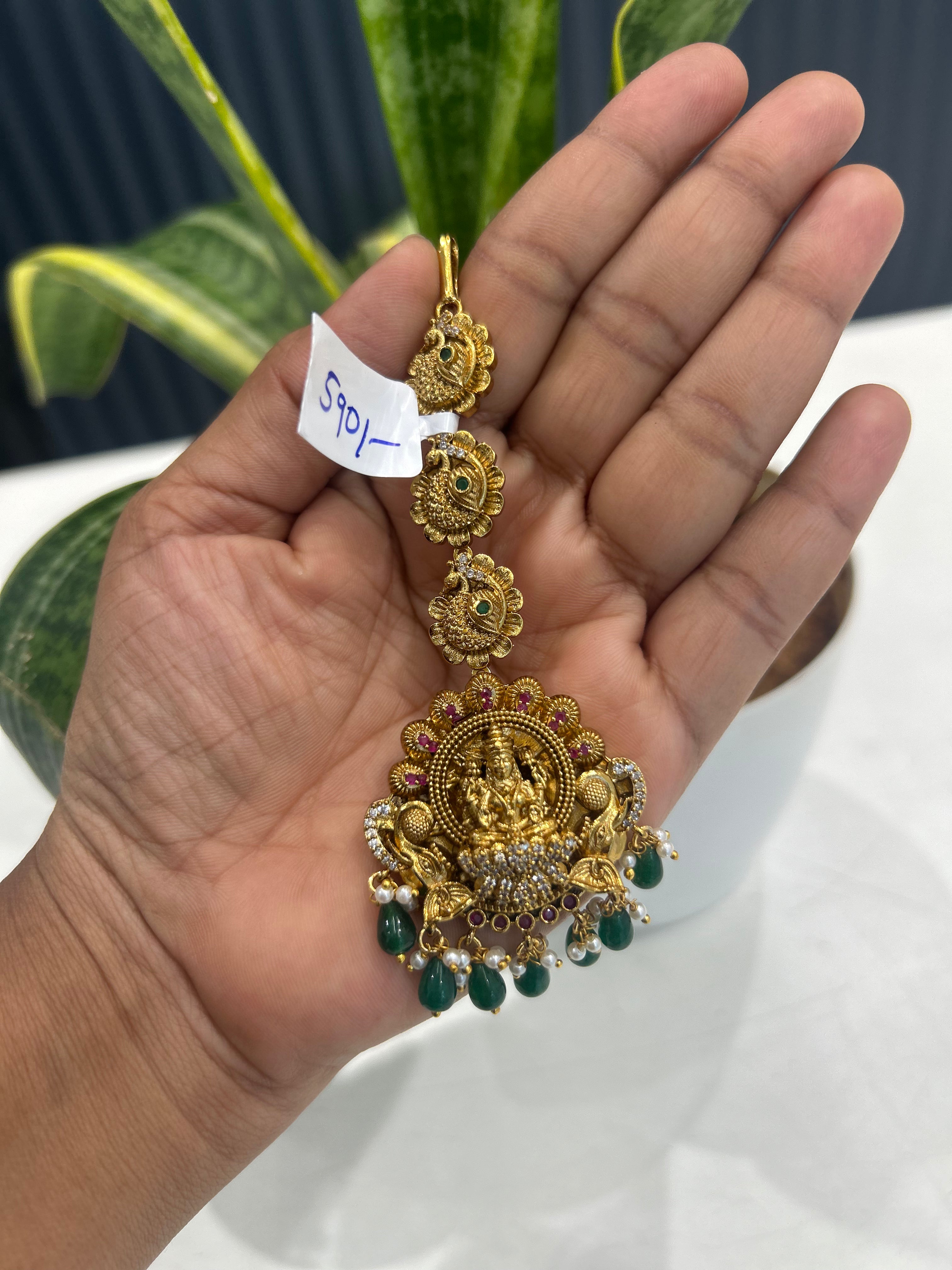 Beautiful Lakshmi devi & peacock design tikka with green beads