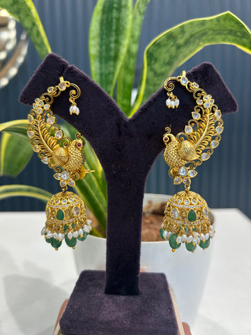Beautiful peacocks design pushback earcuffs with green beads