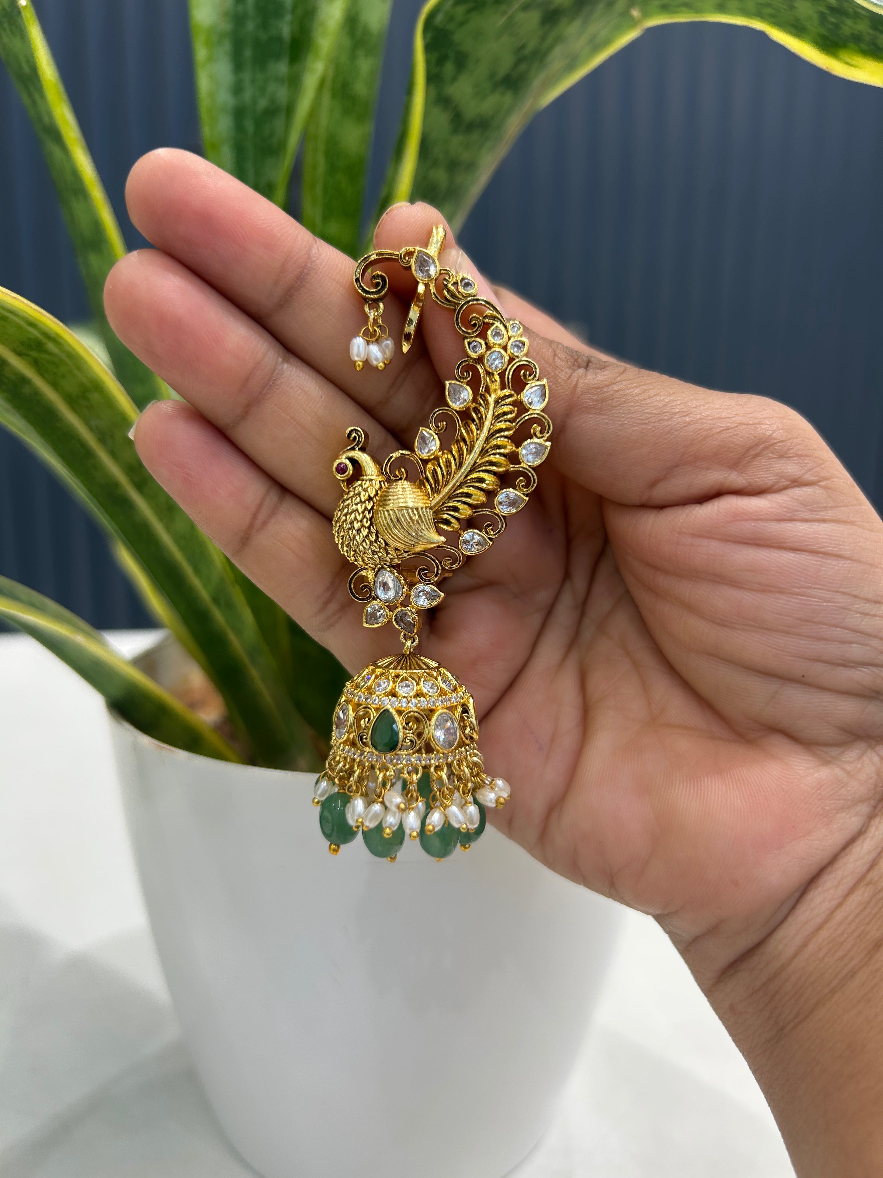 Beautiful peacocks design pushback earcuffs with green beads