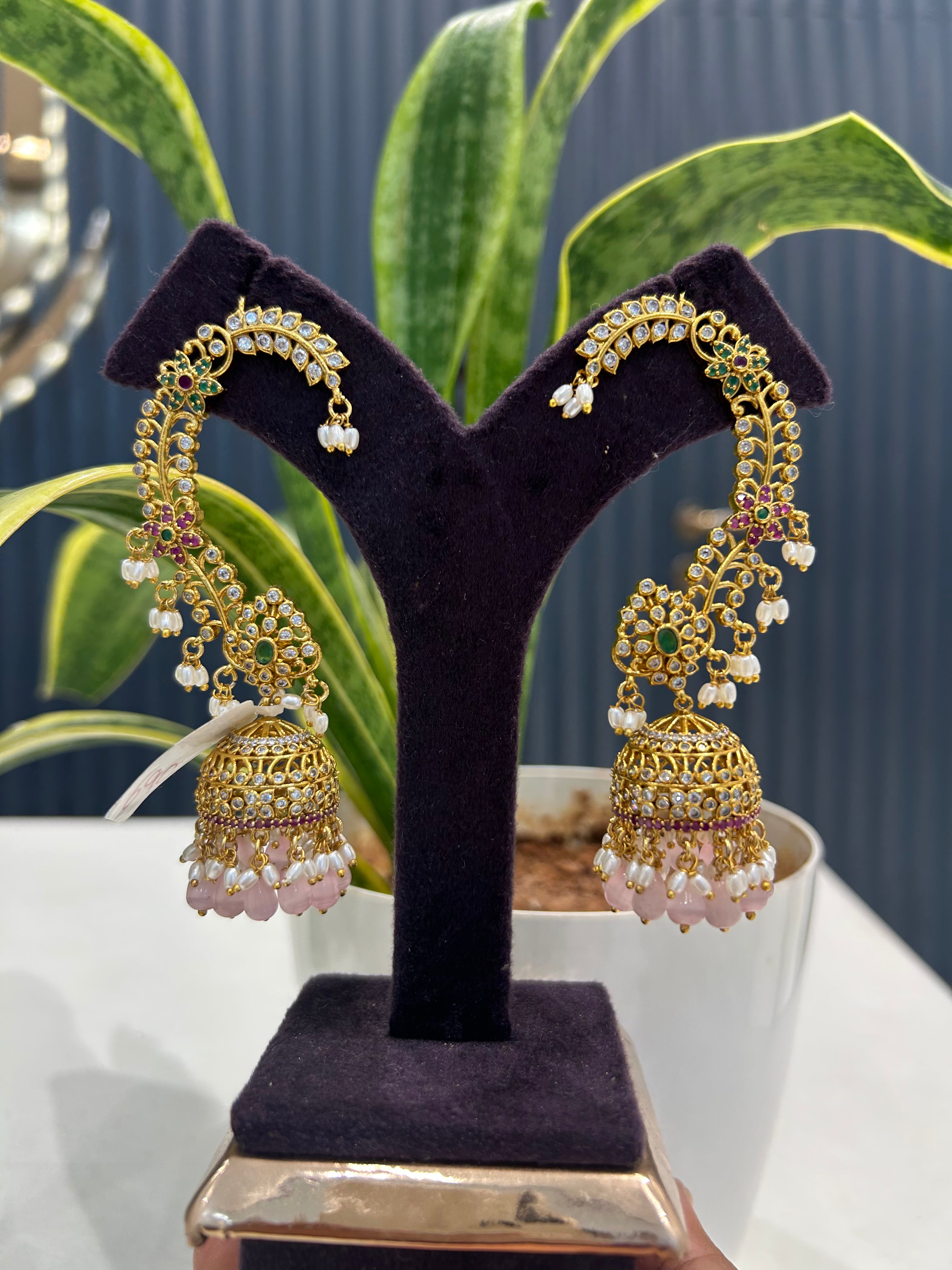 Beautiful CZ stones pushback earcuffs with pink beads