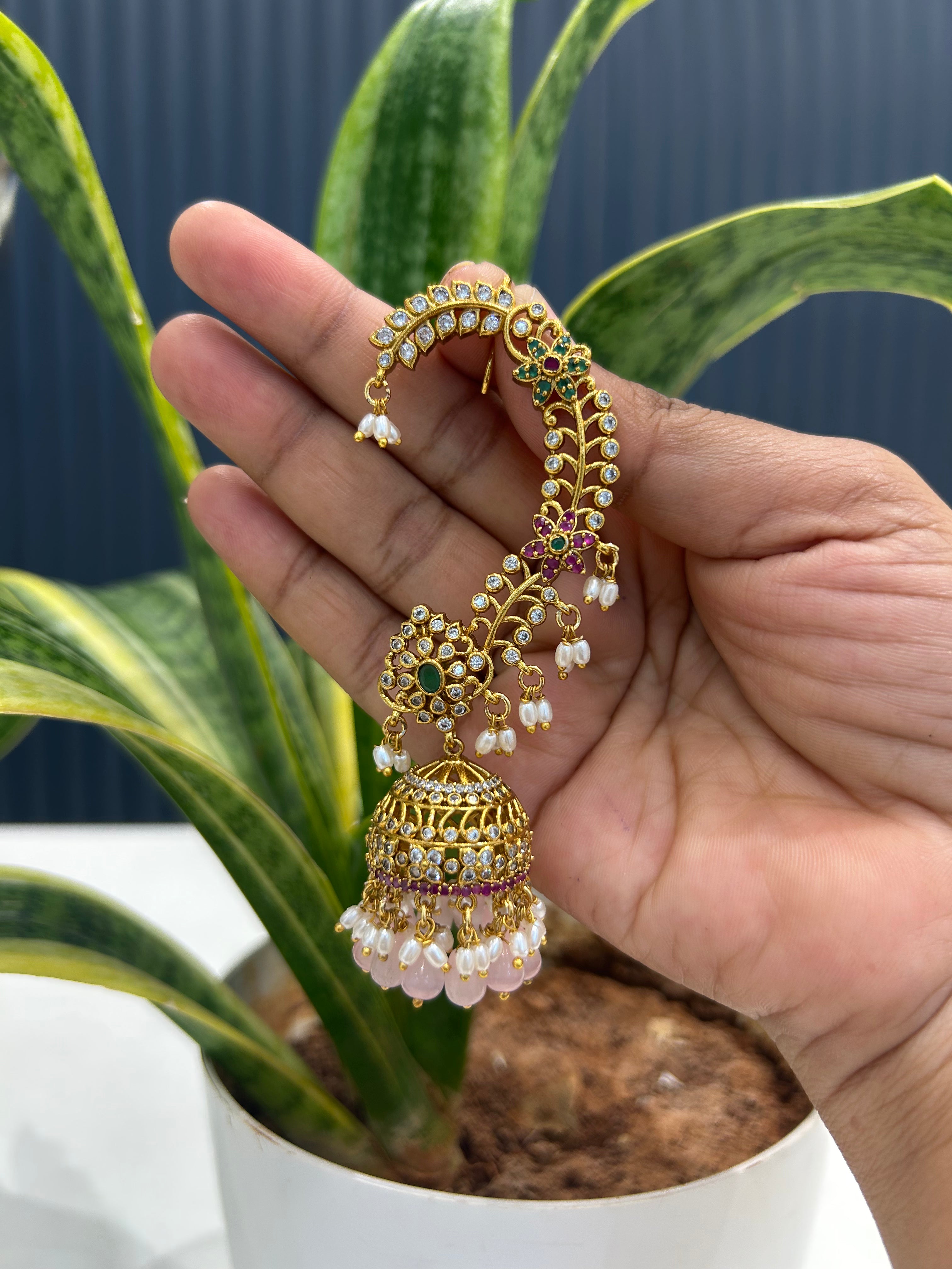 Beautiful CZ stones pushback earcuffs with pink beads